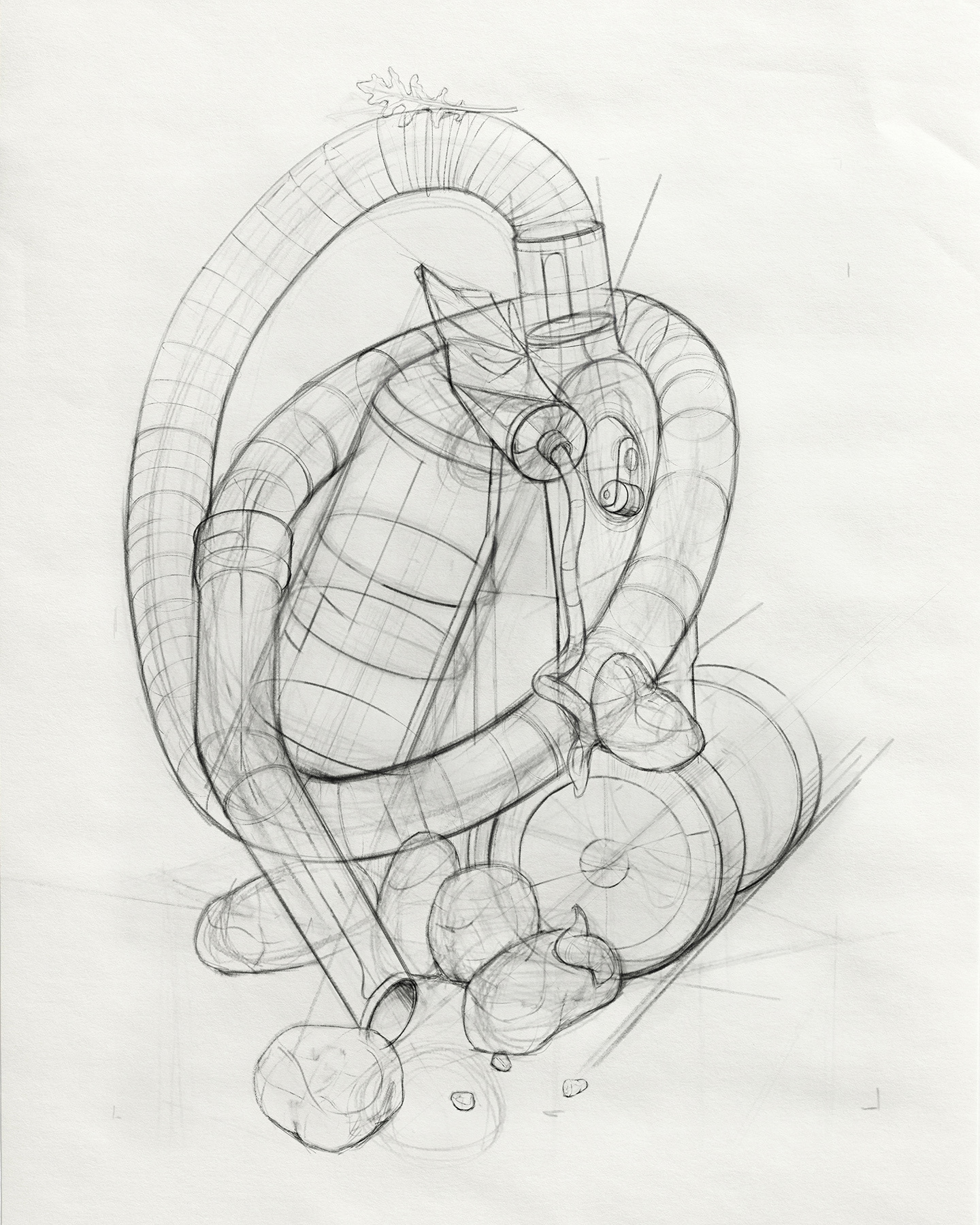 Analytische Bleistiftzeichnung eines ungewöhnlichen Stillebens, bestehend aus einem Staubsauger, einer Tube Senf, einem Ruccolablatt und Kartoffeln.