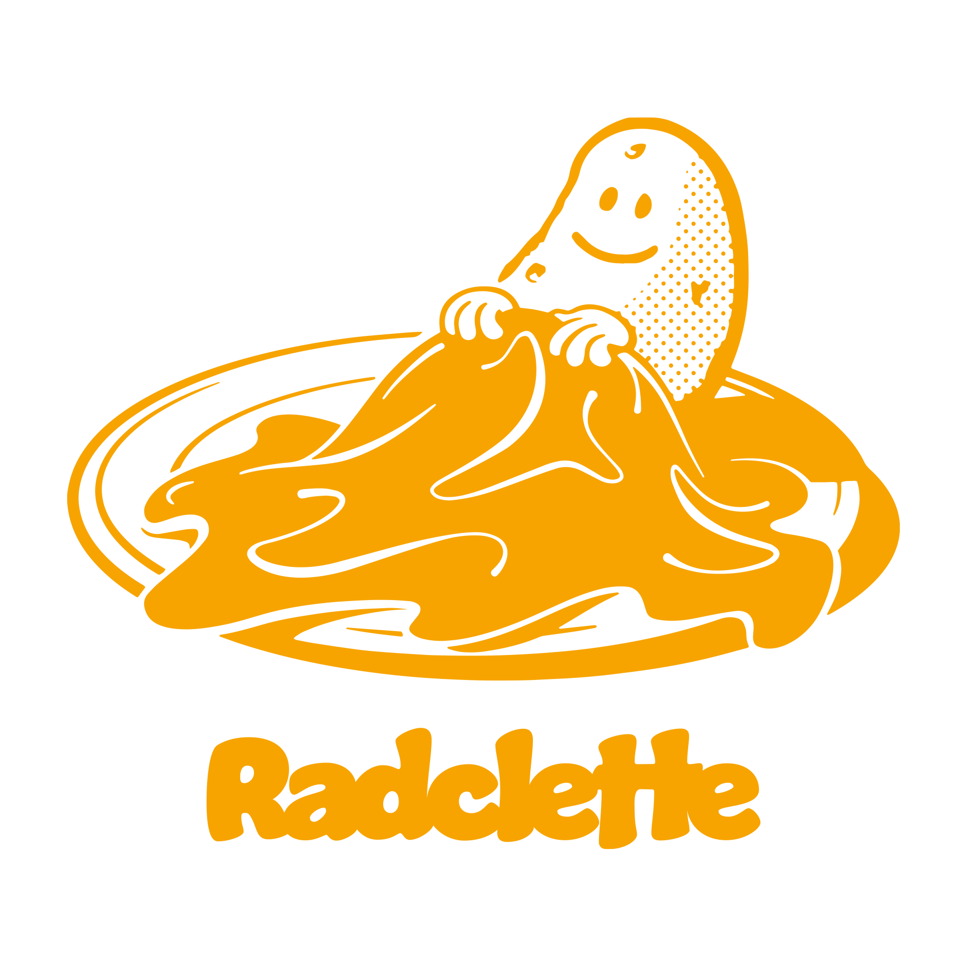 Eine einfarbige Illustration zeigt wie sich eine zufriedene Kartoffel mit geschmolzenem Raclette-Käse zudeckt. Die Kartoffel liegt auf einem Teller und zieht den Käse wie eine Beddecke über sich. 