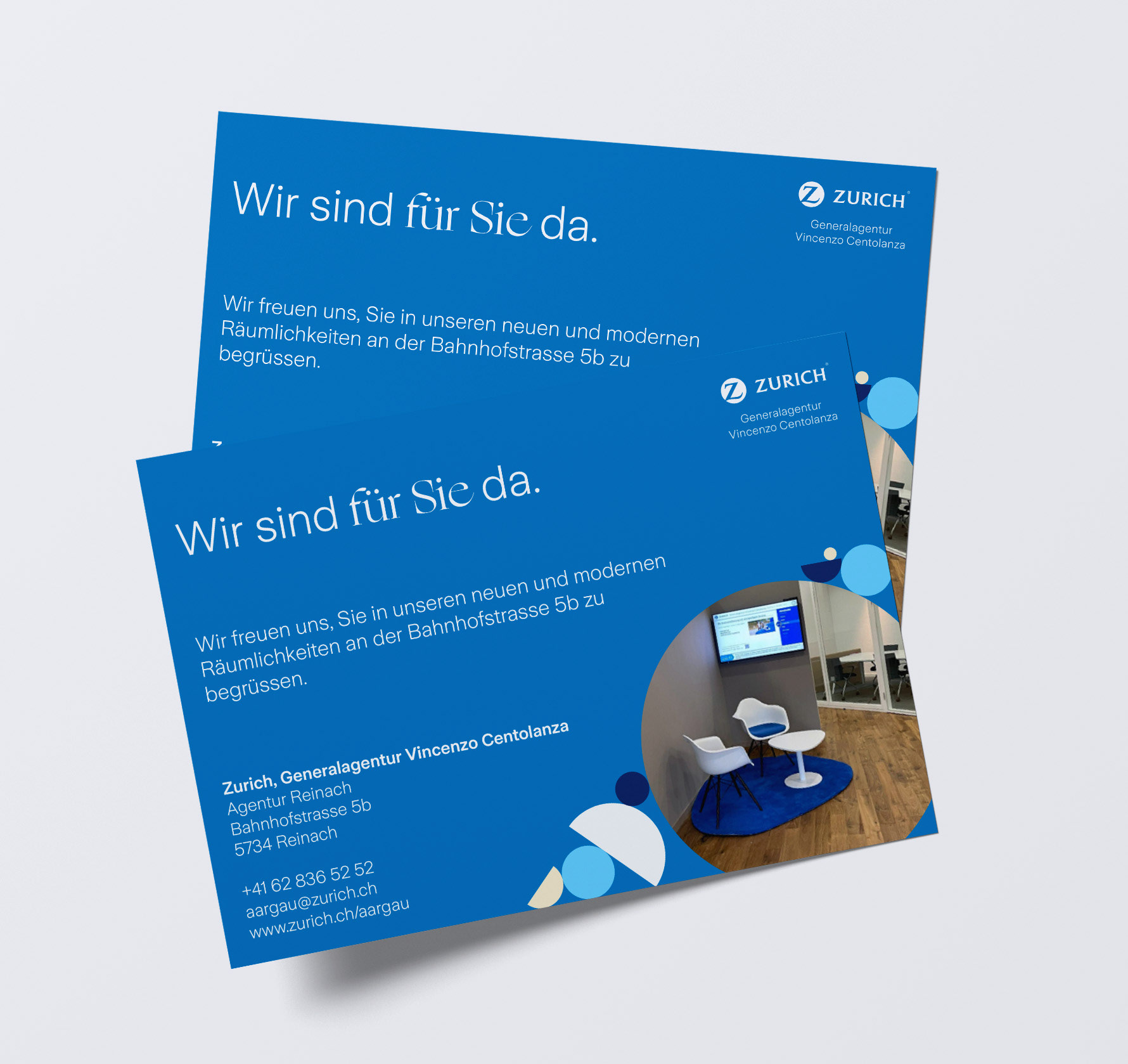 Flyer für die Neueröffnung des Standortes Reinach AG der Zurich, Generalagentur Vincenzo Centolanza