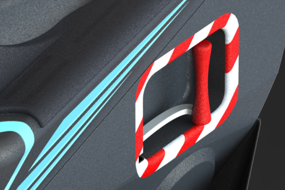 Emergency door release pops door off hinges allows driver to exit in the event of an accident.