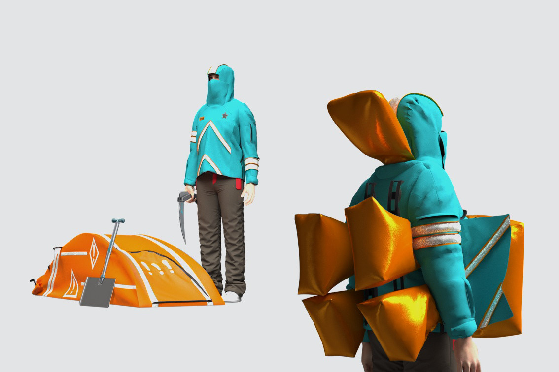 This 3D model was created using CLO3D on a 6'3" model. The model on the right demonstrates the placement of the airbags safety system