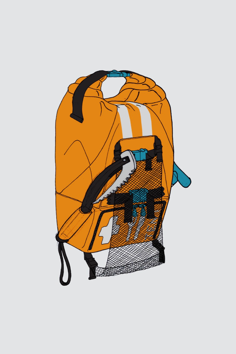 Final design of the survival bag with placements for all tools and contents