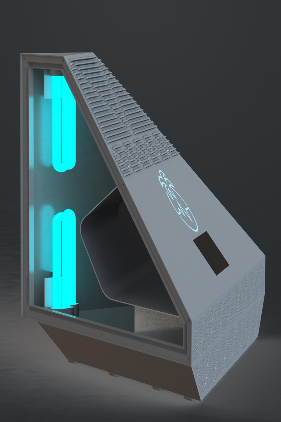 Air passes through a particle filter and then subjugated to UVC lights, this completely purifies the air of all pathogens and contaminants