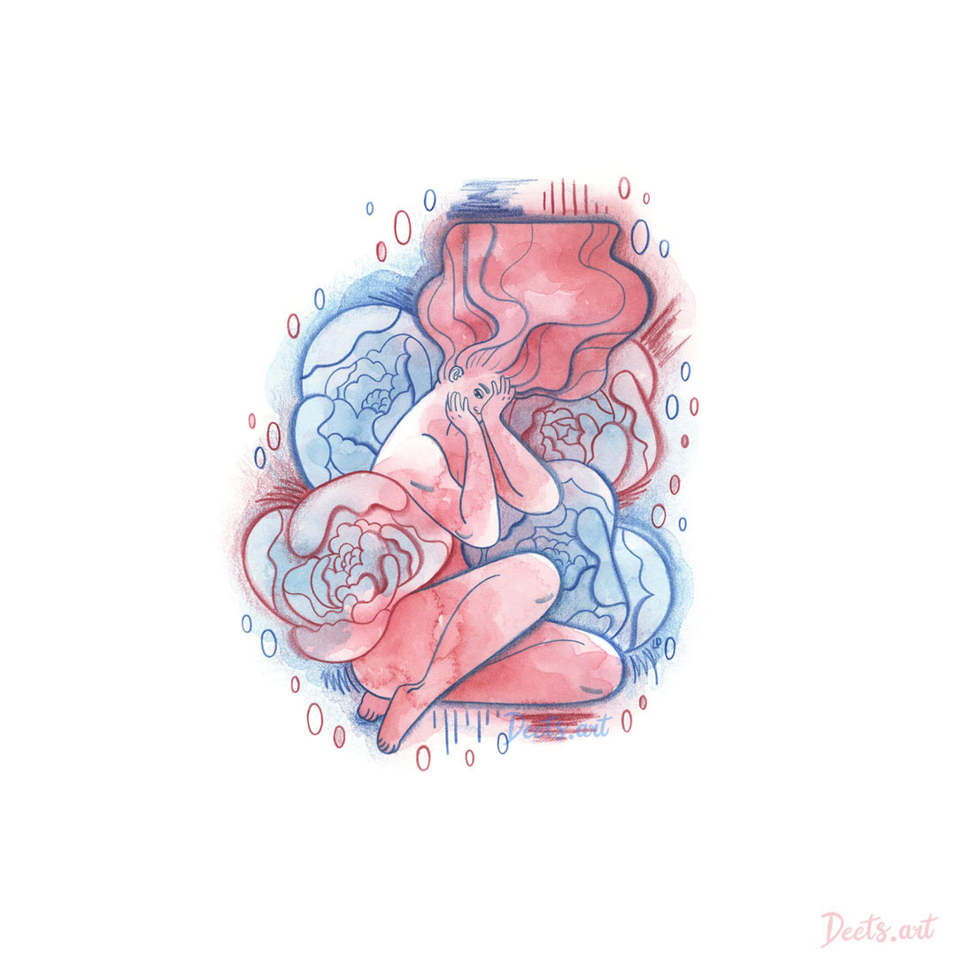A melancholy painting by Lindsey Deets of a sad woman in pink with flowers, created with watercolor and colored pencils.