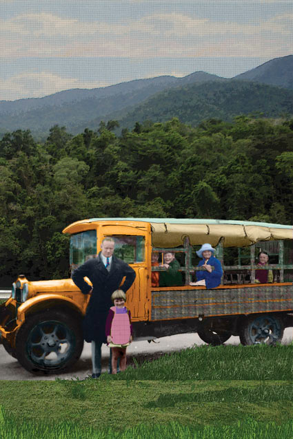 Sylvia and the school bus -  part of installation at  2013  Hidden sculpture walk,  Rookwood cemetery, Tribute - Finalist in Hidden sculpture walk 2013 Caring for my dying brother Ged until he died (2008) provoked interest in death, impermanence and the creation of memories and mementoes. I developed  “Tribute Art” which celebrates the life of a loved person or place, to create legacies and memories.  Each tombstone is a tribute taking images of a deceased person from old photographs and placing them in a new context. Figures and landscapes are embellished with colour, texture, fabrics, drawings and objects that reference both the past and the present. The tombstones are wooden representing the cycle of life.