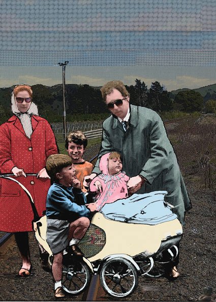 Van Sas family- part of installation at  2013  Hidden sculpture walk, Rookwood cemetery. Tribute - Finalist in Hidden sculpture walk 2013 Caring for my dying brother Ged until he died (2008) provoked interest in death, impermanence and the creation of memories and mementoes. I developed  “Tribute Art” which celebrates the life of a loved person or place, to create legacies and memories.  Each tombstone is a tribute taking images of a deceased person from old photographs and placing them in a new context. Figures and landscapes are embellished with colour, texture, fabrics, drawings and objects that reference both the past and the present. The tombstones are wooden representing the cycle of life.