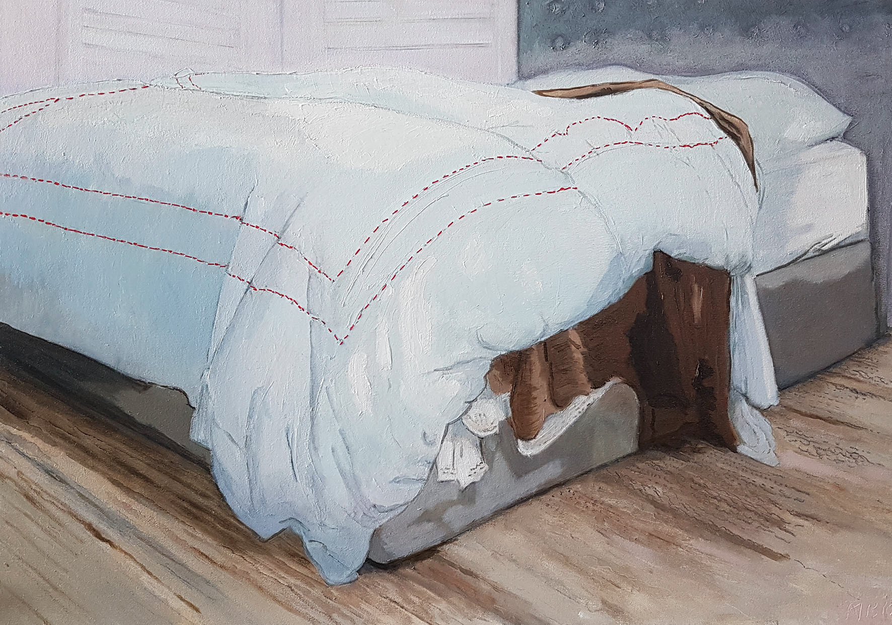  PAULINES BED - commission  90x67cm oil charcoal embroidery thread 2016 