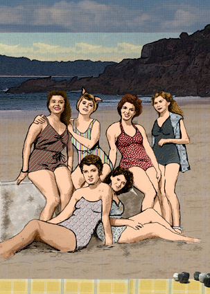 Eve and friends 1 - Conversations - exhibition 2012 at Kaleidoscope Gallery, Waterloo. Is a group show with fellow artists Mandy Doctor and Belinda Piggott each interpreting the word “conversations”. My works on canvas are based on old family photographs: familiar, while hauntingly transient. I digitally created images, re-contextualising old photographs to create new meaning by incorporating new backgrounds, fabric and textural painting. A final layer is hand-drawn, framing the melding of the memories and re-interpretations together through one's individual experience.