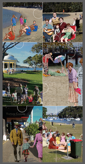 Mosman Tribute- Ode to Sydney Long and others 2013 Finalist in Mosman In-Situ. Images of Mosman’ residents sourced from Mosman Library Digital Archives and the Phillippa Poole collection as well as photographs taken by the artist of residents and landscapes are placed in a new context/place. The works used were printed as a giant puzzle with pieces symbolizing the meshing of past and present and making a comment on digital ways of changing the truth. Digital images printed on 5mm PVC polyester.