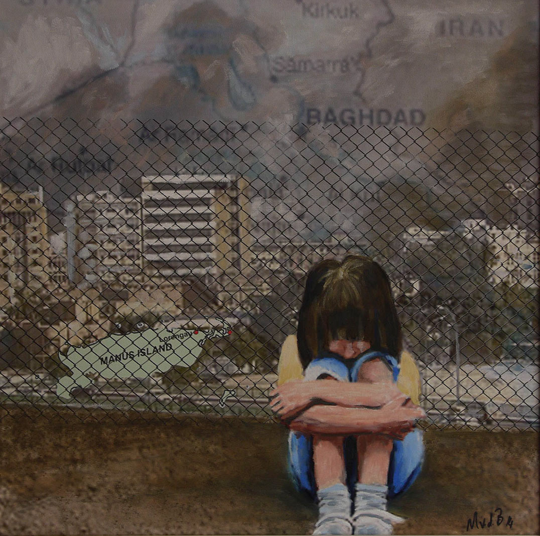 Iraqi girl- Asylum seeker Boundless Plains: Creative Conversations with Asylum Seekers 2014. Annandale Creative Arts Centre - a visual representation of Troy Wong's poem entitled "Monologue of a young girl detained on Manus Island”. 