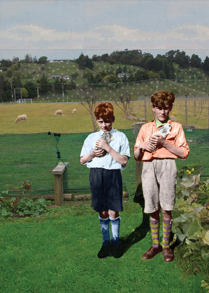 Martin and Leo with rabbits - part of installation at  2013  Hidden sculpture walk,  Rookwood cemetery, Tribute - Finalist in Hidden sculpture walk 2013 Caring for my dying brother Ged until he died (2008) provoked interest in death, impermanence and the creation of memories and mementoes. I developed  “Tribute Art” which celebrates the life of a loved person or place, to create legacies and memories.  Each tombstone is a tribute taking images of a deceased person from old photographs and placing them in a new context. Figures and landscapes are embellished with colour, texture, fabrics, drawings and objects that reference both the past and the present. The tombstones are wooden representing the cycle of life.