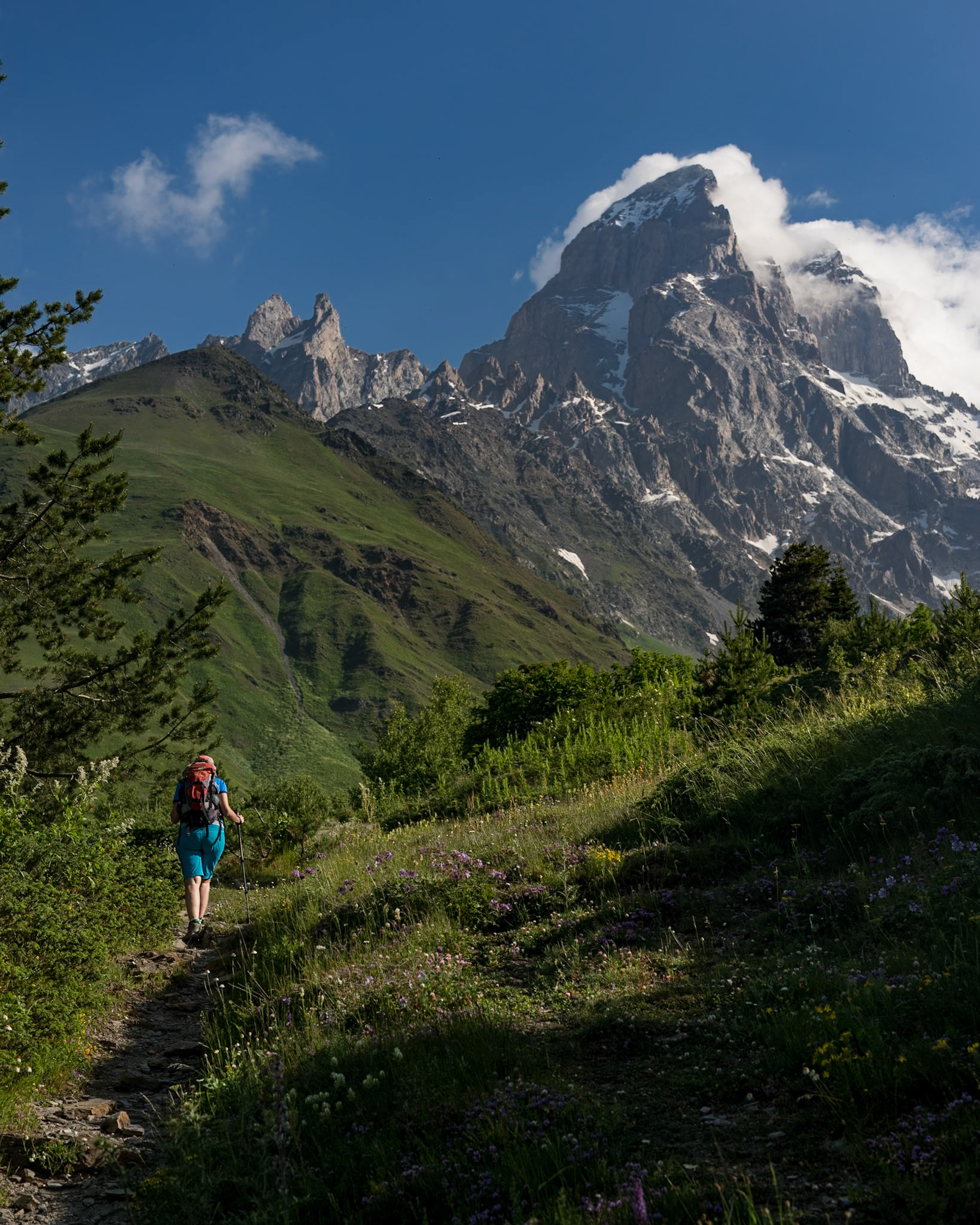 On the way up to Guli Pass with the omnipresent Mount Ushba.