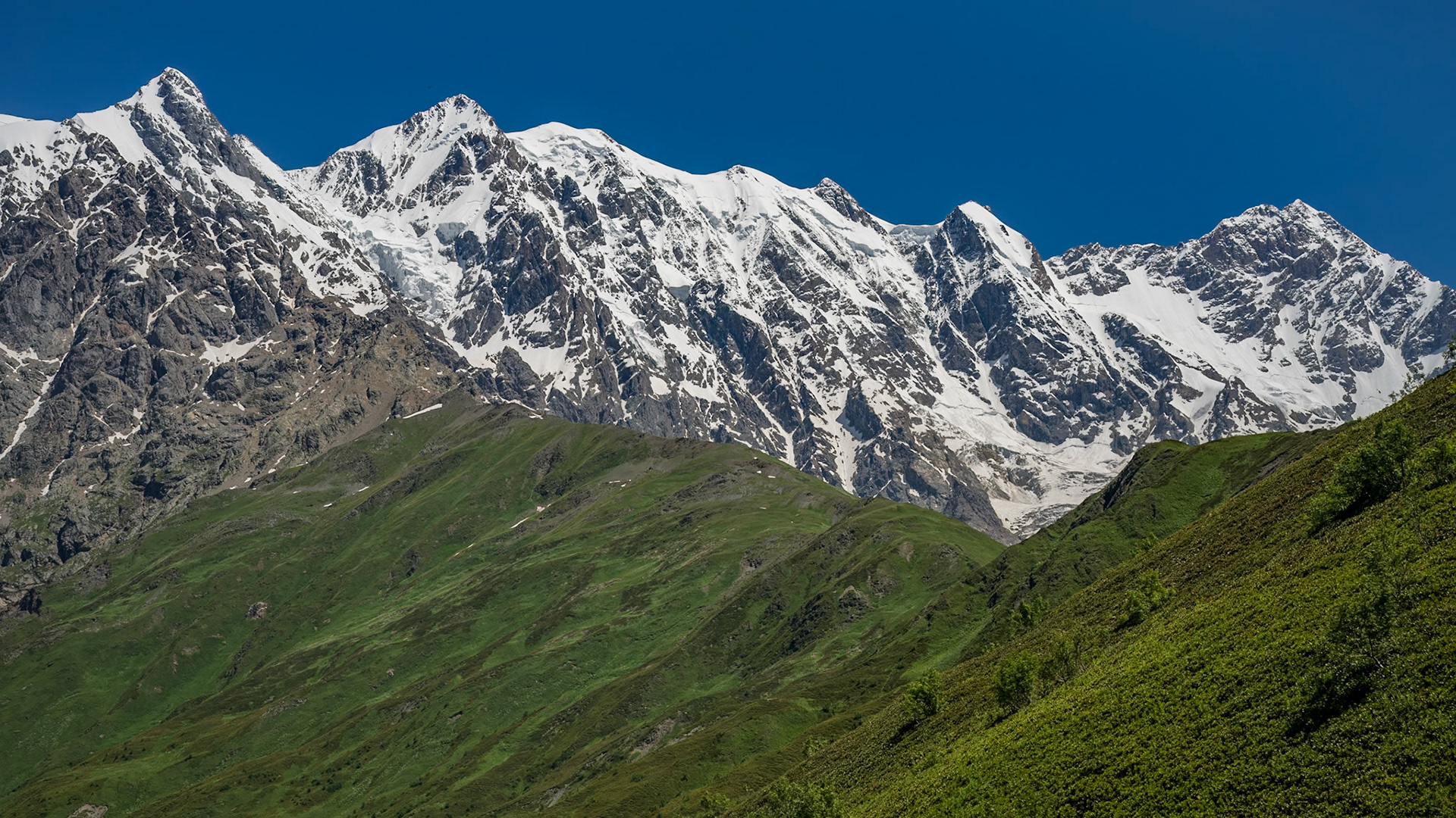 Shkhara Ridge from the Chkhimderi Pass.