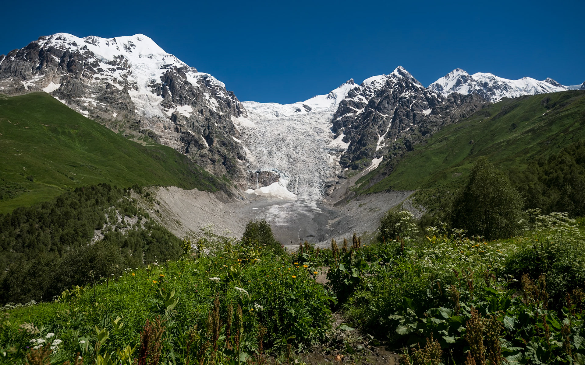 Adishi Glacier and Tetnuldi  Peak (4,858 m) on the left.