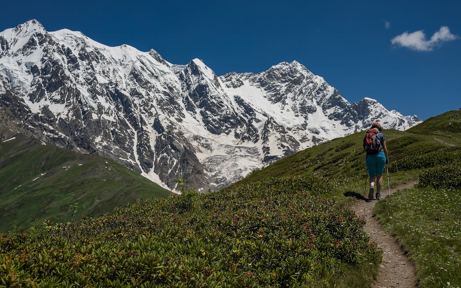 A litle bit over the Chkhunderi Pass there are amazing views of the Shkhara Ridge, the highest mountains in Georgia.