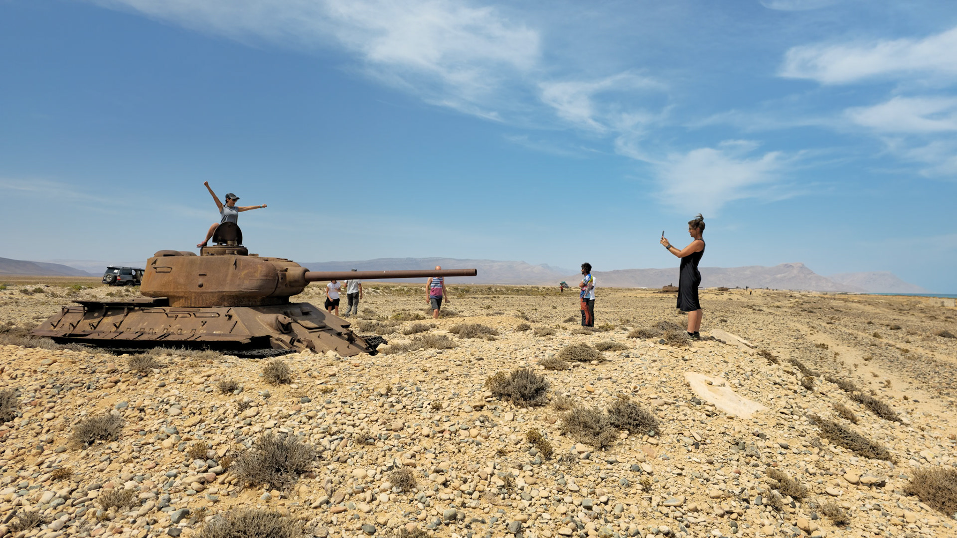 In the 1970-90s, Socotra Island was part of the South Yemen aka Democratic Yemen, which was a pro-USSR communist state (in fact, the only communist state on the Arabic Peninsula). To protect the island from any potential invasion from the mainland, the USSR gracefully installed several dozen old and rusty T-34 tanks (from the days of WWII), along the sand dunes of the north coast. Most were broken and couldn’t really operate other then just act as cannon guns facing the sea. Today, they are some of the first landscape objects da you get to see as you leave the Socotra airport and drive along the northern coastline.
