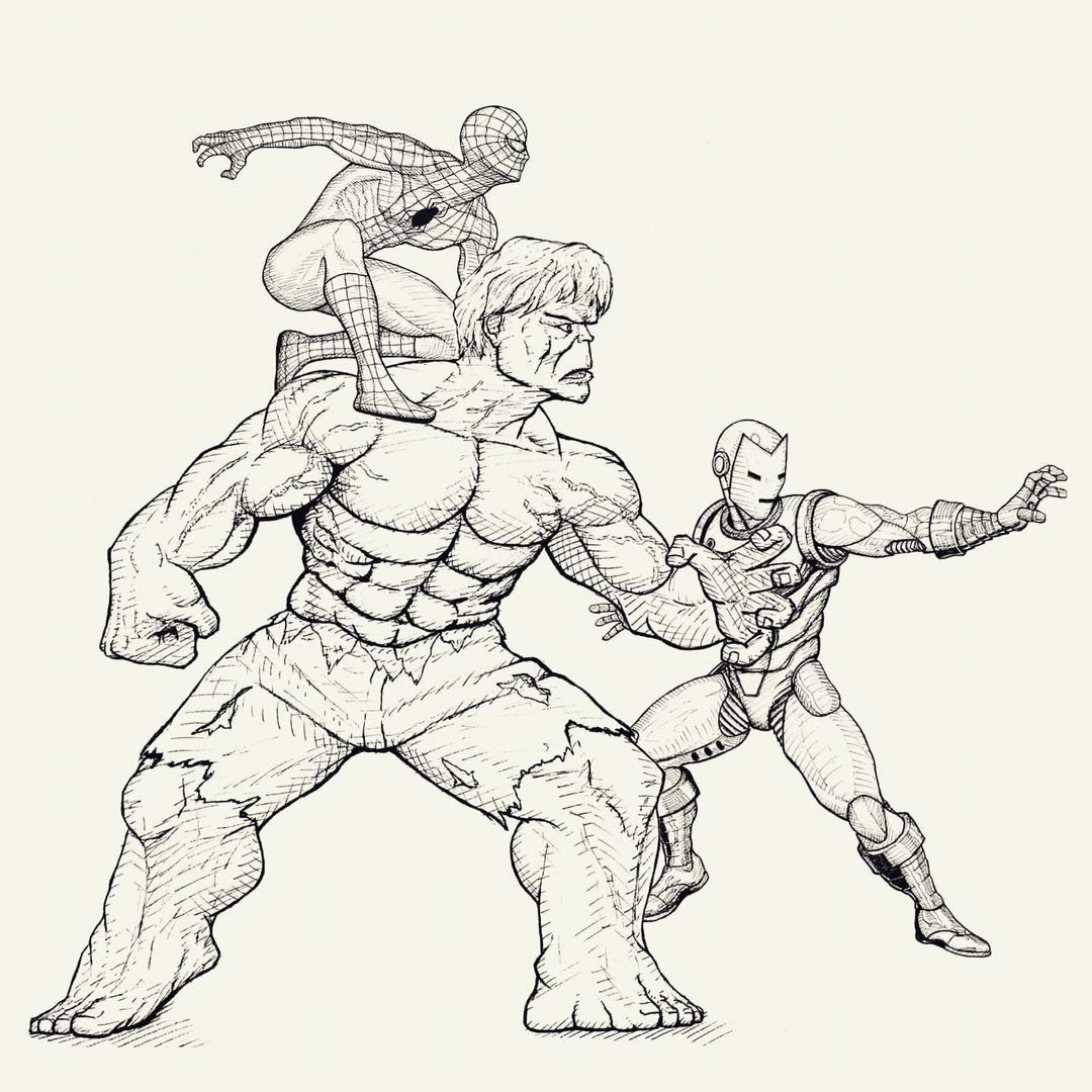 Spider-Man, Hulk, and Iron Man - Pen and Ink