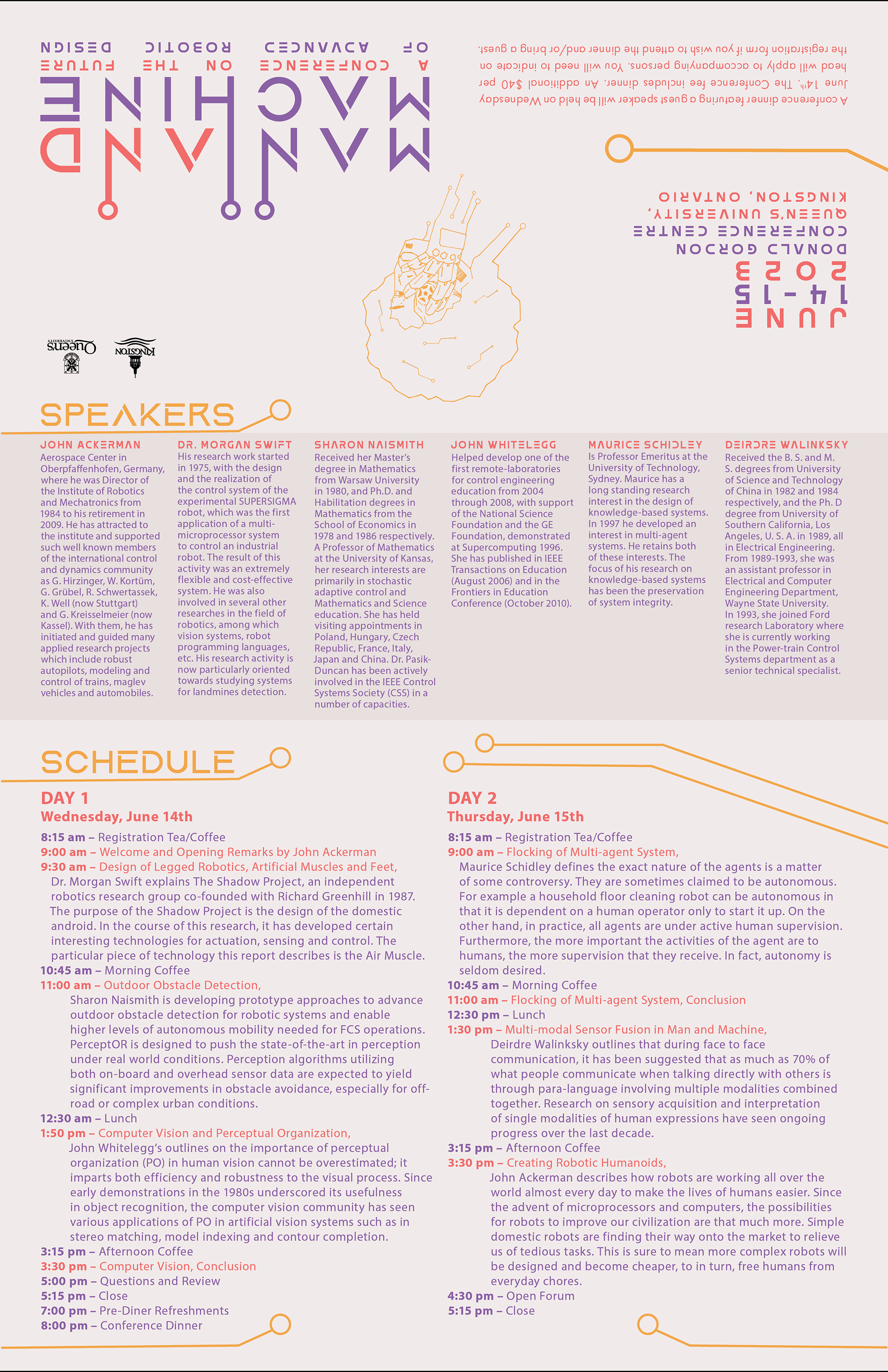 Flat version of the poster back. There is an itinerary and bios for each of the guest speakers