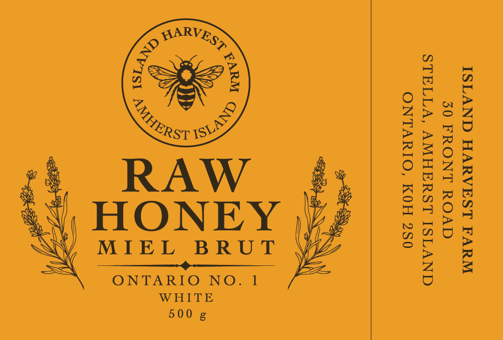 The primary "white honey" label layout, balancing mandatory regulatory text with a clean, farm-fresh aesthetic.