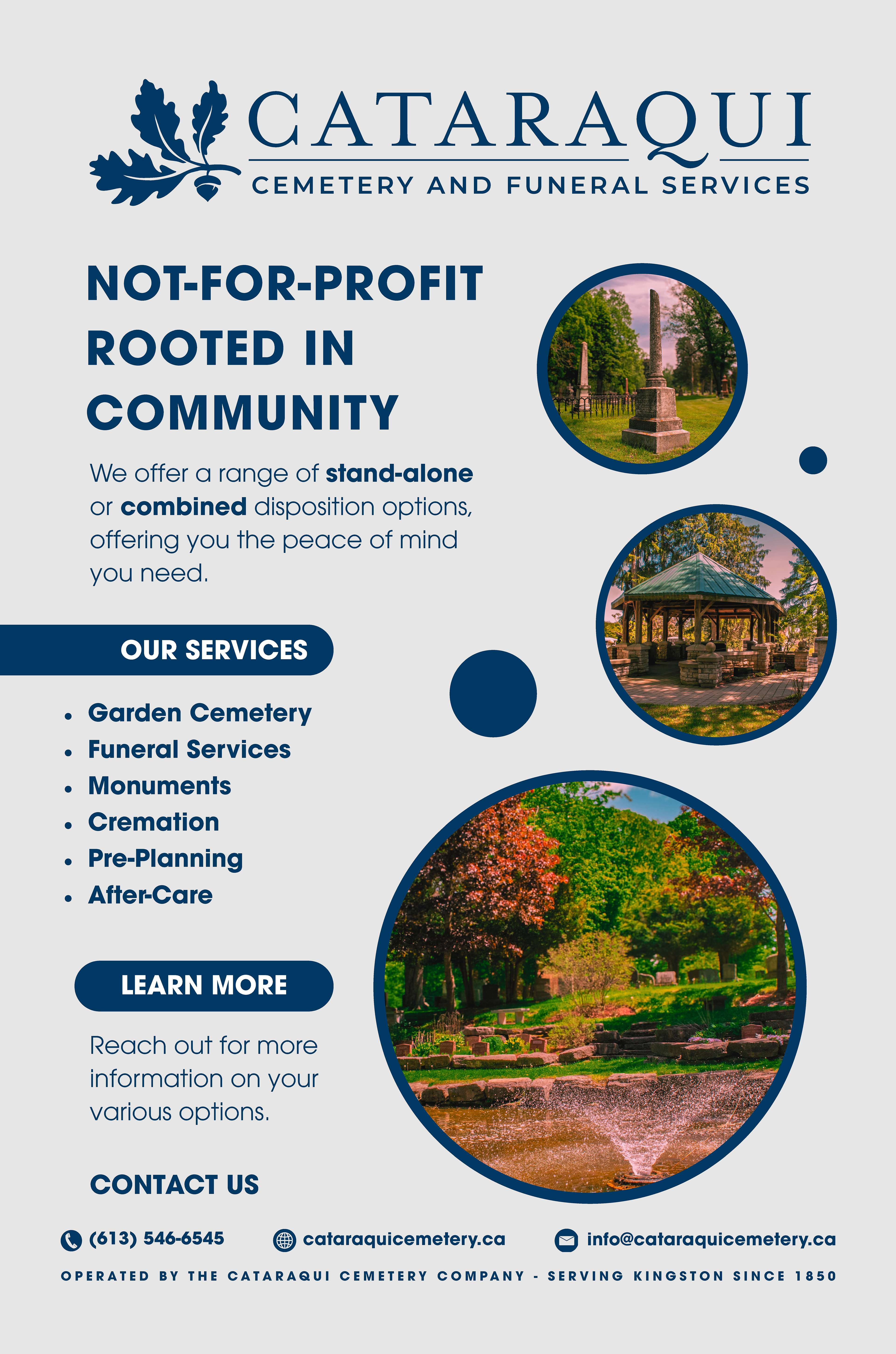 A full-page print advertisement designed for Kingston's Finest magazine, establishing a clean visual hierarchy for core disposition and preplanning services.