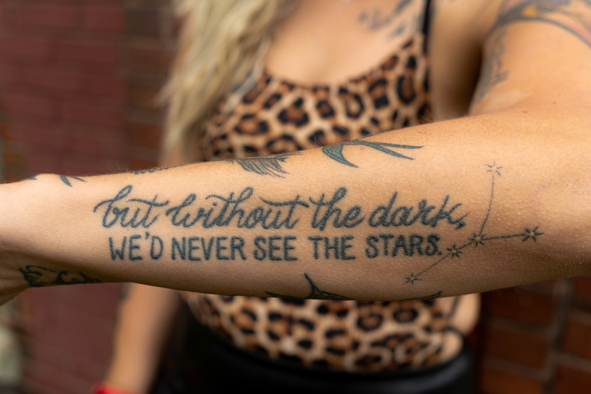 This tattoo to me is a reminder that with all the darkness and craziness in my life, without it I would not be me and to remember without the dark we cannot see the light....the stars (good memories bring). The Consolation is my zodiac sign to personalize it more - being a cancer sign.