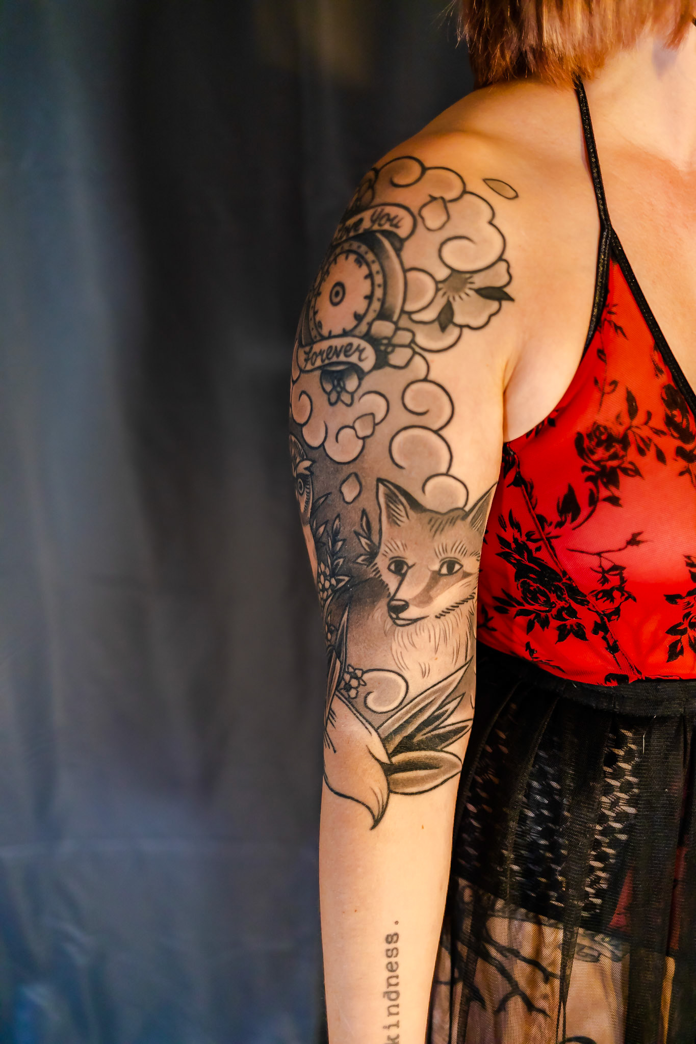 The rest of the sleeve was added when my dad got jealous that I had a matching tattoo with my mom but not him. My family was really into the scouting community growing up, and we all took a training class called "Woodbadge". In the course you're assigned an animal (which is basically what group you're in for the training), both my parents were foxes and I was an owl, so we got those tattooed to signify that. Pt2.