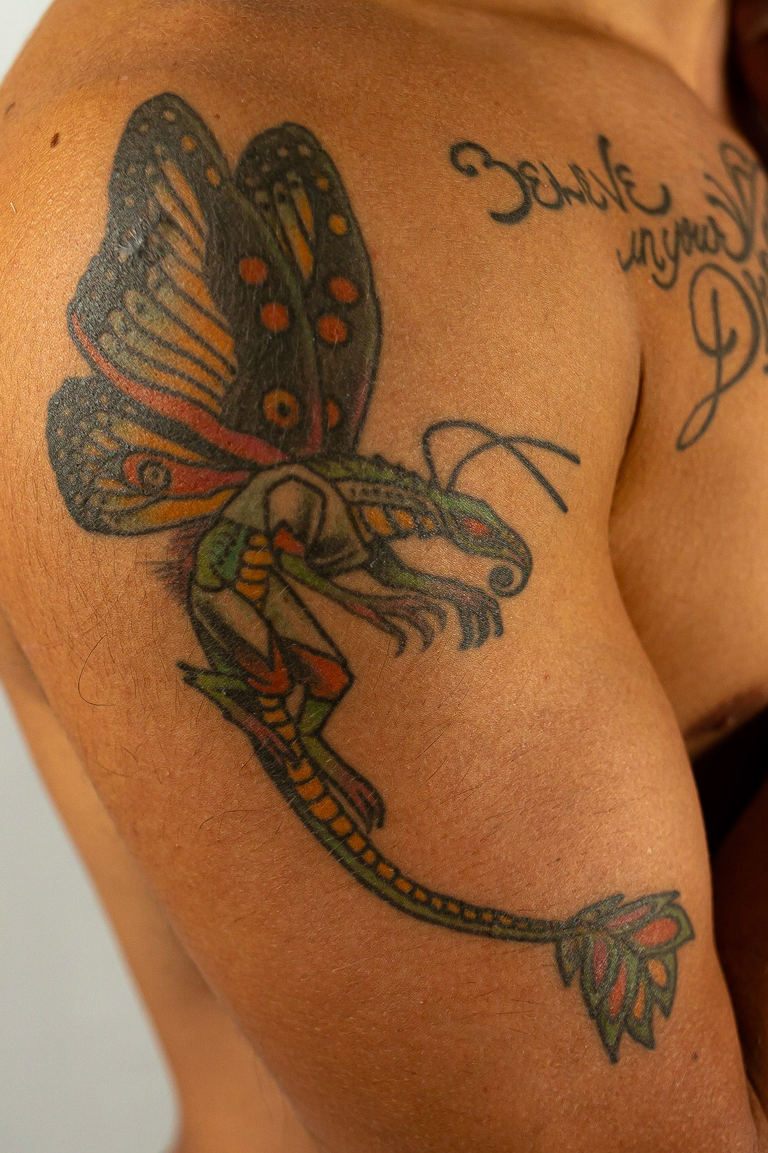 I have always loved dragons and the meaning behind them; often depicted as strong creatures. I often ask myself if they would still exist how would they look like? So I pictured it as an insect. As an artist I often think of living in a world of fantasy and reality so this tattoo combines the two together