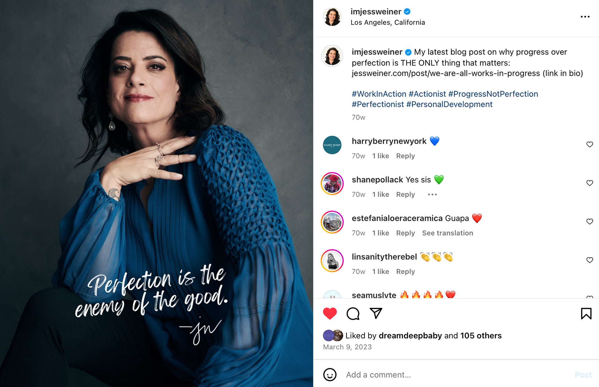 Jess Weiner quote graphic: “Perfection is the enemy of the good.”