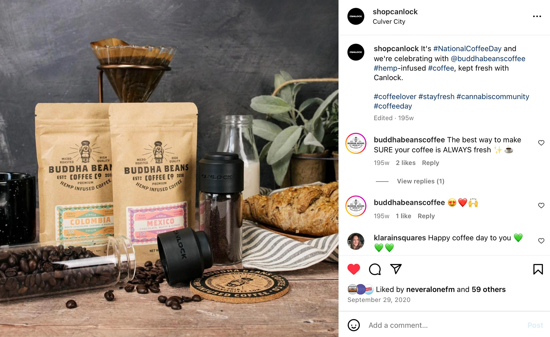 It’s #NationalCoffeeDay and we’re celebrating with @BuddhaBeansCoffee #hemp-infused #coffee, kept fresh with Canlock. [Brand Collab: copy by Tash Guimond, photo by Nancy Gallardo]