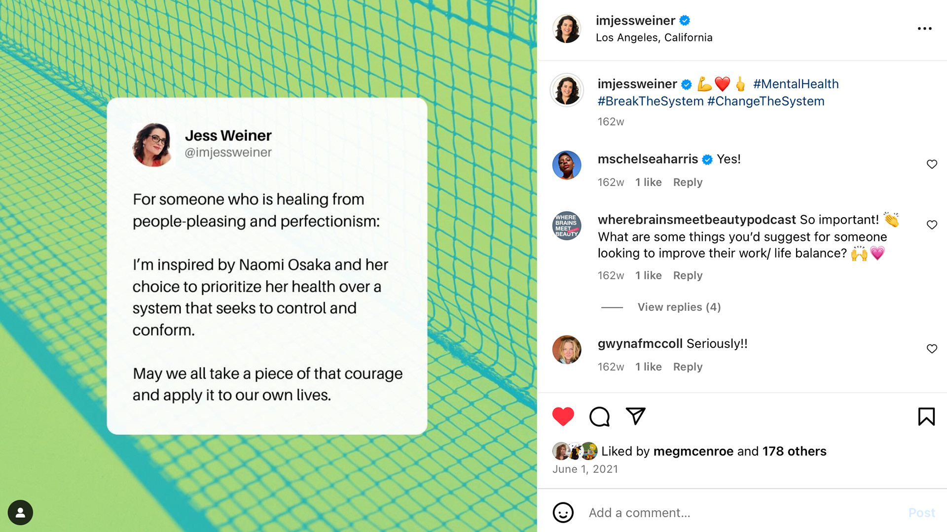 Jess Weiner Tweet: “For someone who is healing from people-pleasing and perfectionism: I’m inspired by Naomi Osaka and her choice to prioritize her health over a system that seeks to control and conform. May we all take a piece of that courage and apply it to our own lives.”