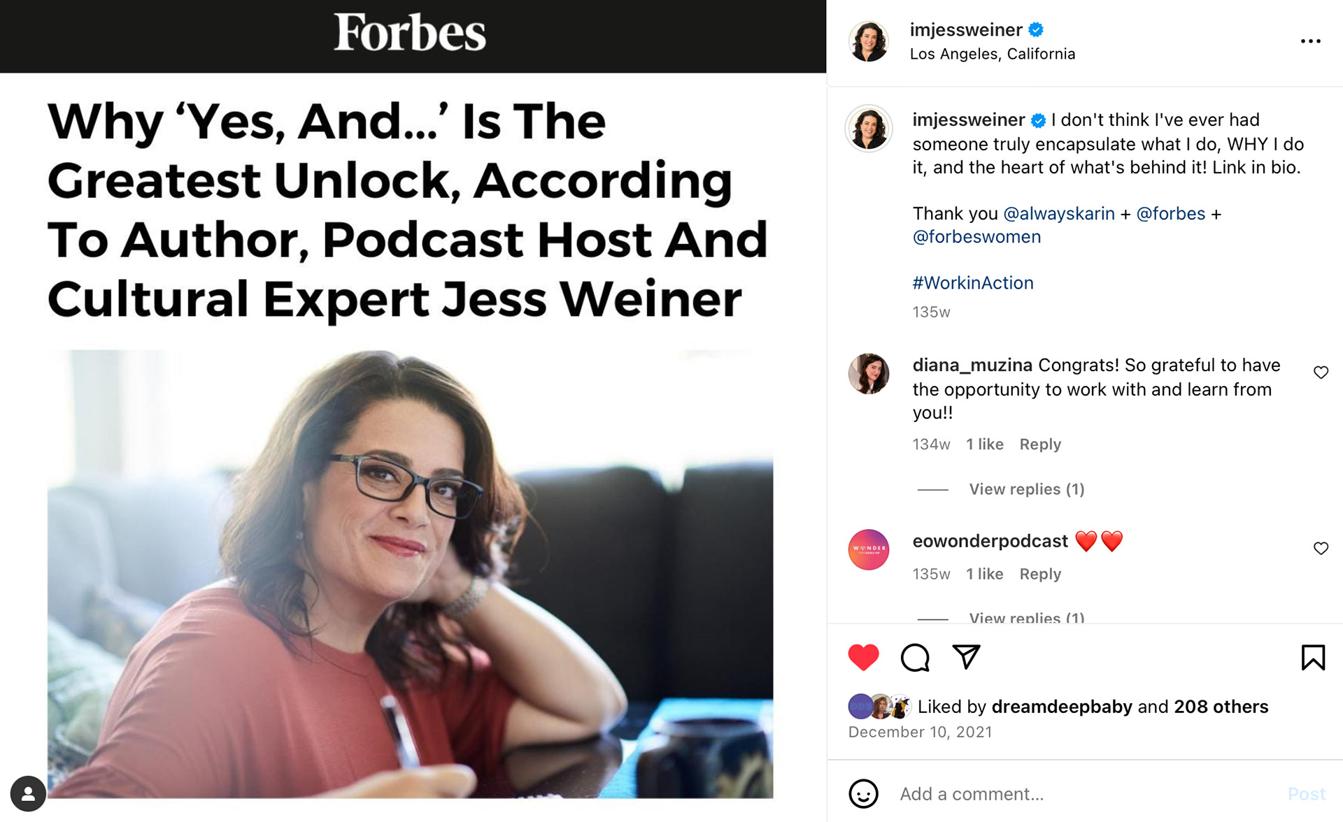 Jess Weiner Forbes feature: “Why ‘Yes, And…’ Is The Greatest Unlock, According To Author, Podcast Host And Cultural Expert Jess Weiner”
