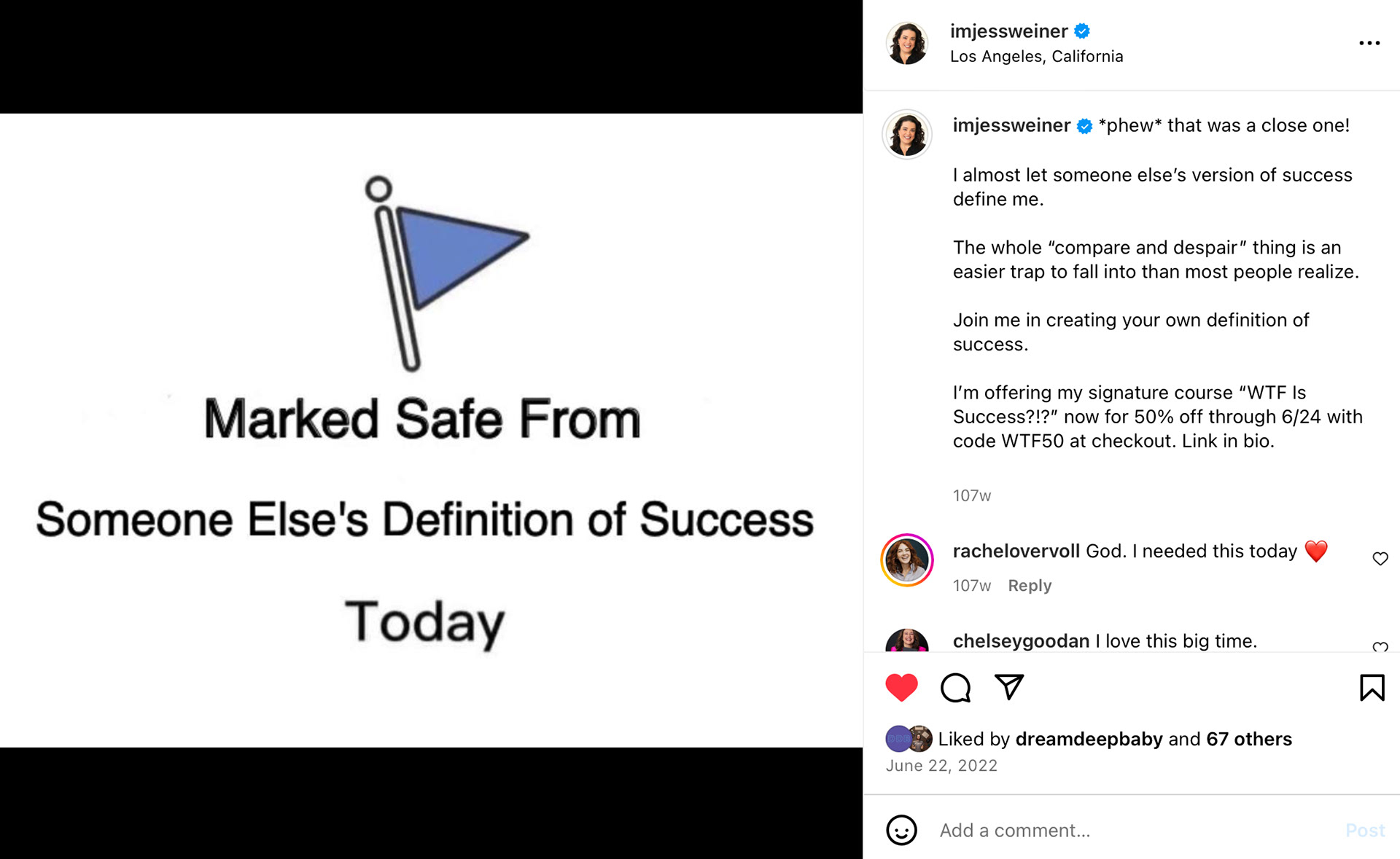 Jess Weiner Facebook Meme: “Marked Safe From Someone Else’s Definition of Success Today”