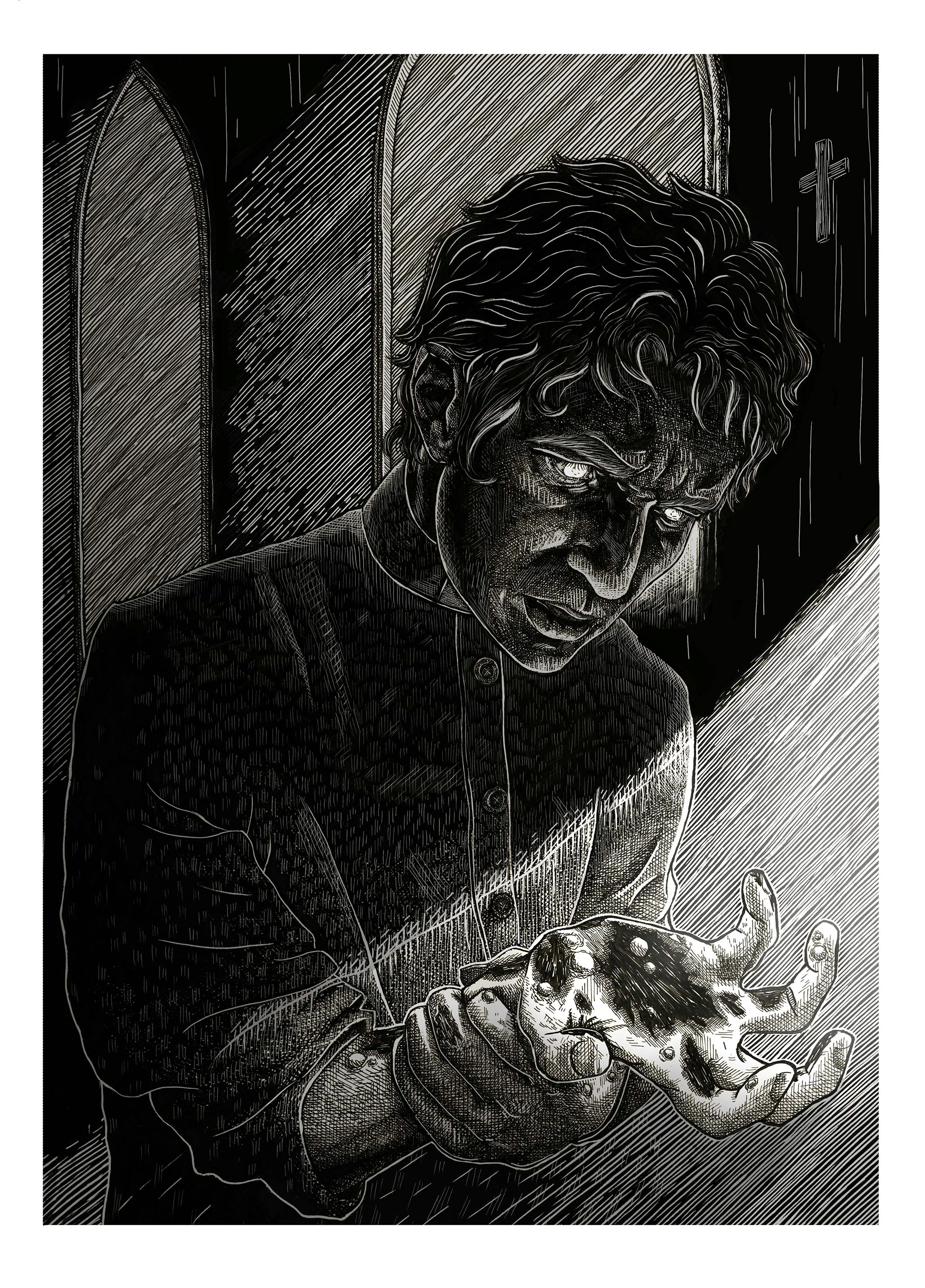 "Midnight Mass- The Priest"- Ink on Clayboard, 2021