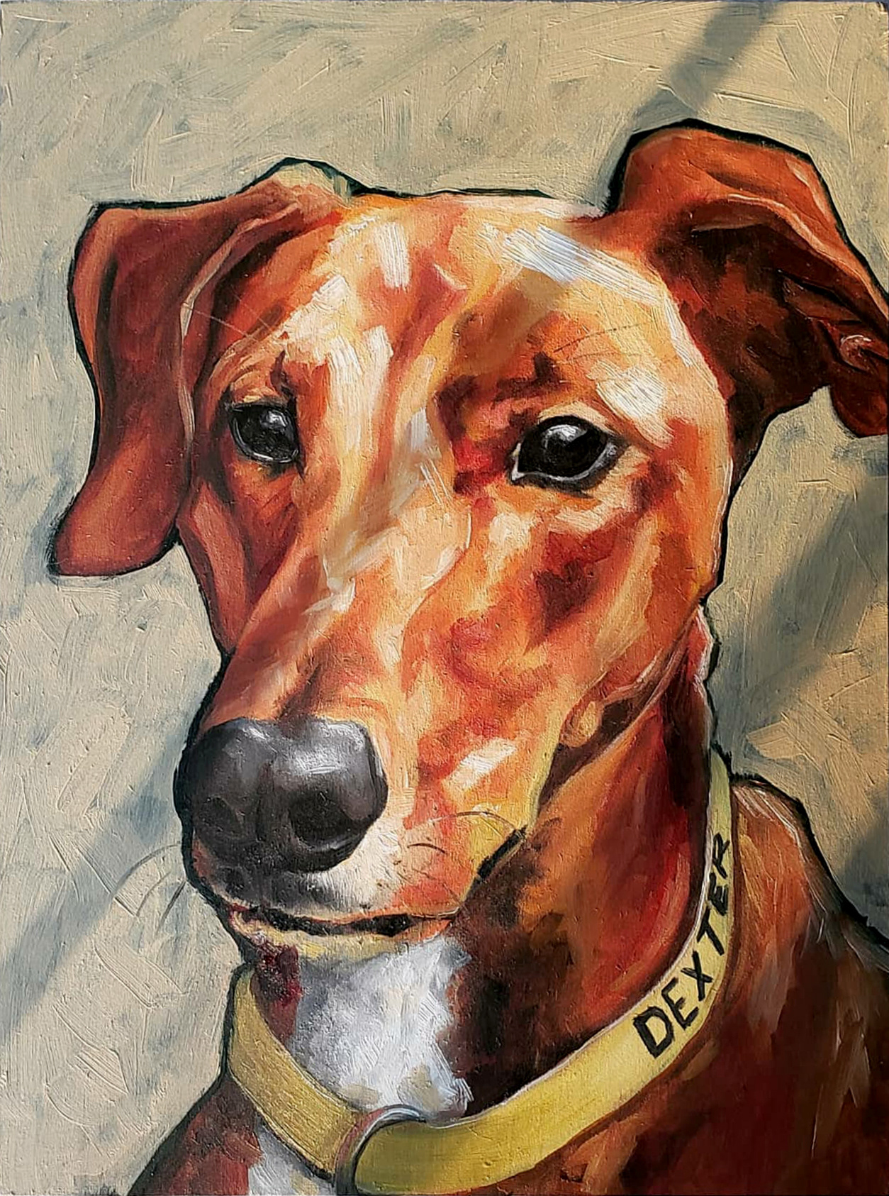 "dexter", Commission for client, oil in wood, 2019