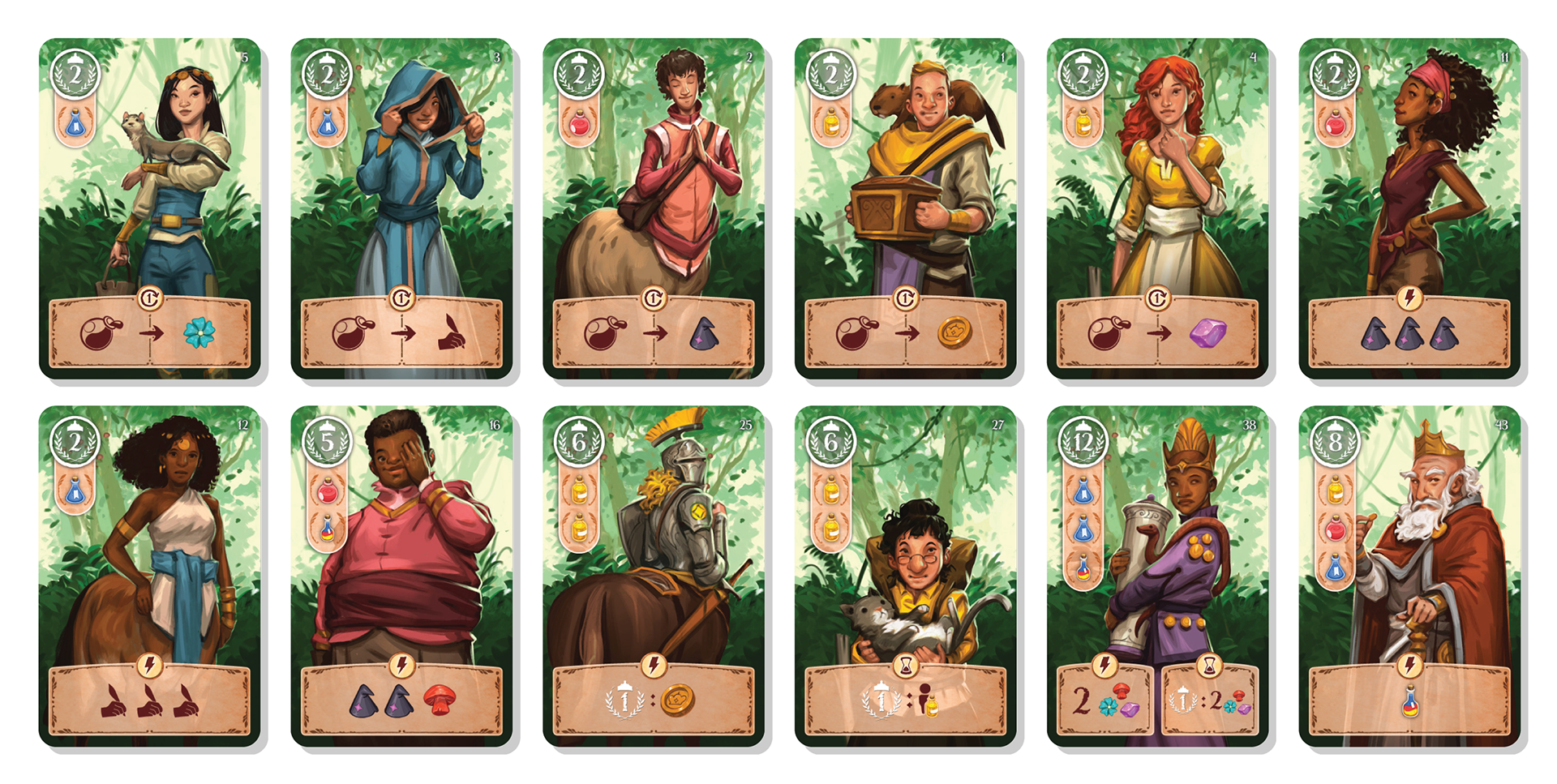Collection of Visitor Cards. Fulfill their orders and trigger their effects. Character Illustrations by Andrew Bosley