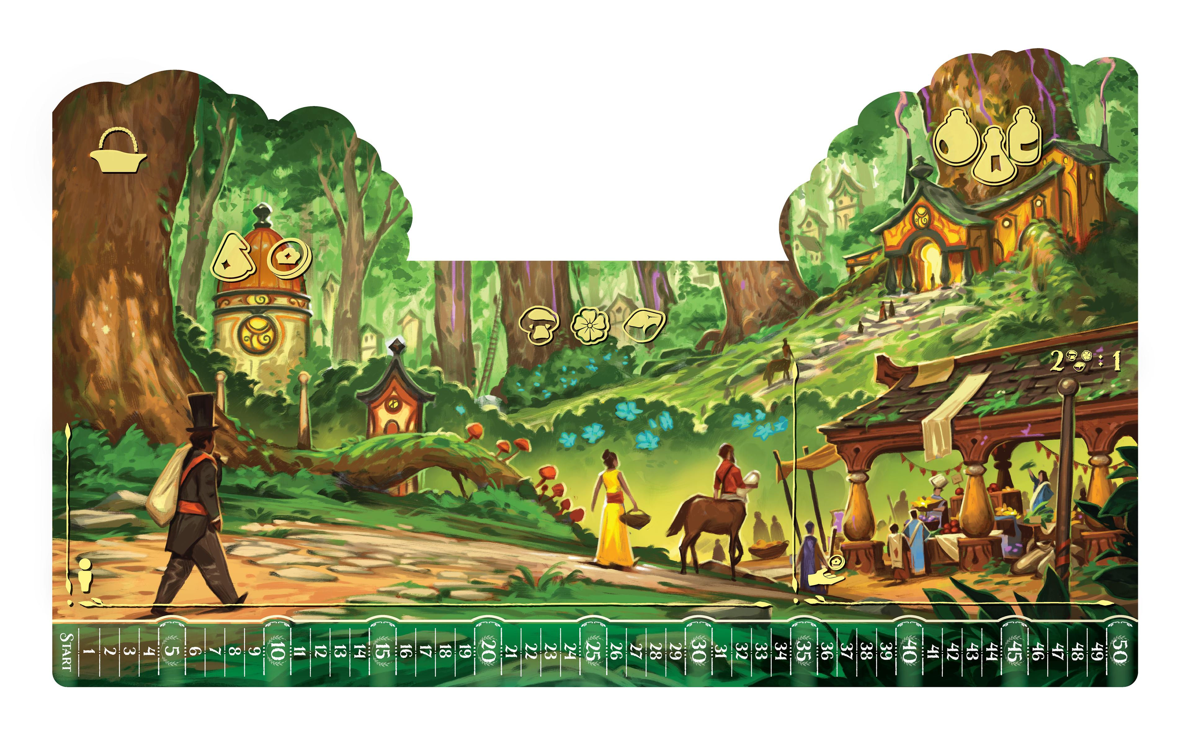 Potions of Azerland Main Board. Components are placed where indicated. As well as a Point Tracker at the bottom edge. Village illustration by Andrew Bosley.