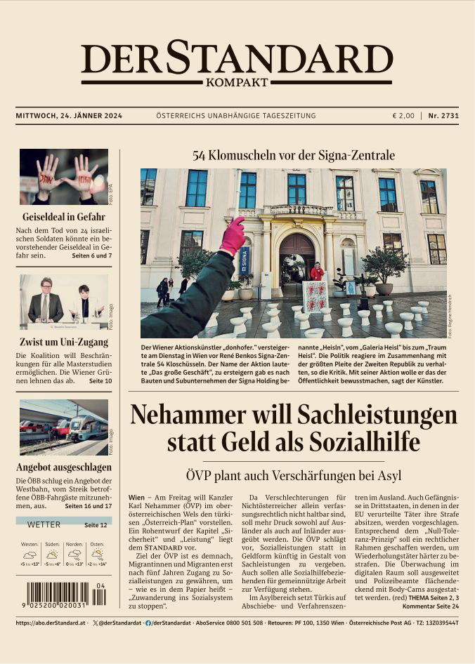 Aktionskunstwerk "Das große Geschäft" auf dem Cover der Tageszeitung Standard