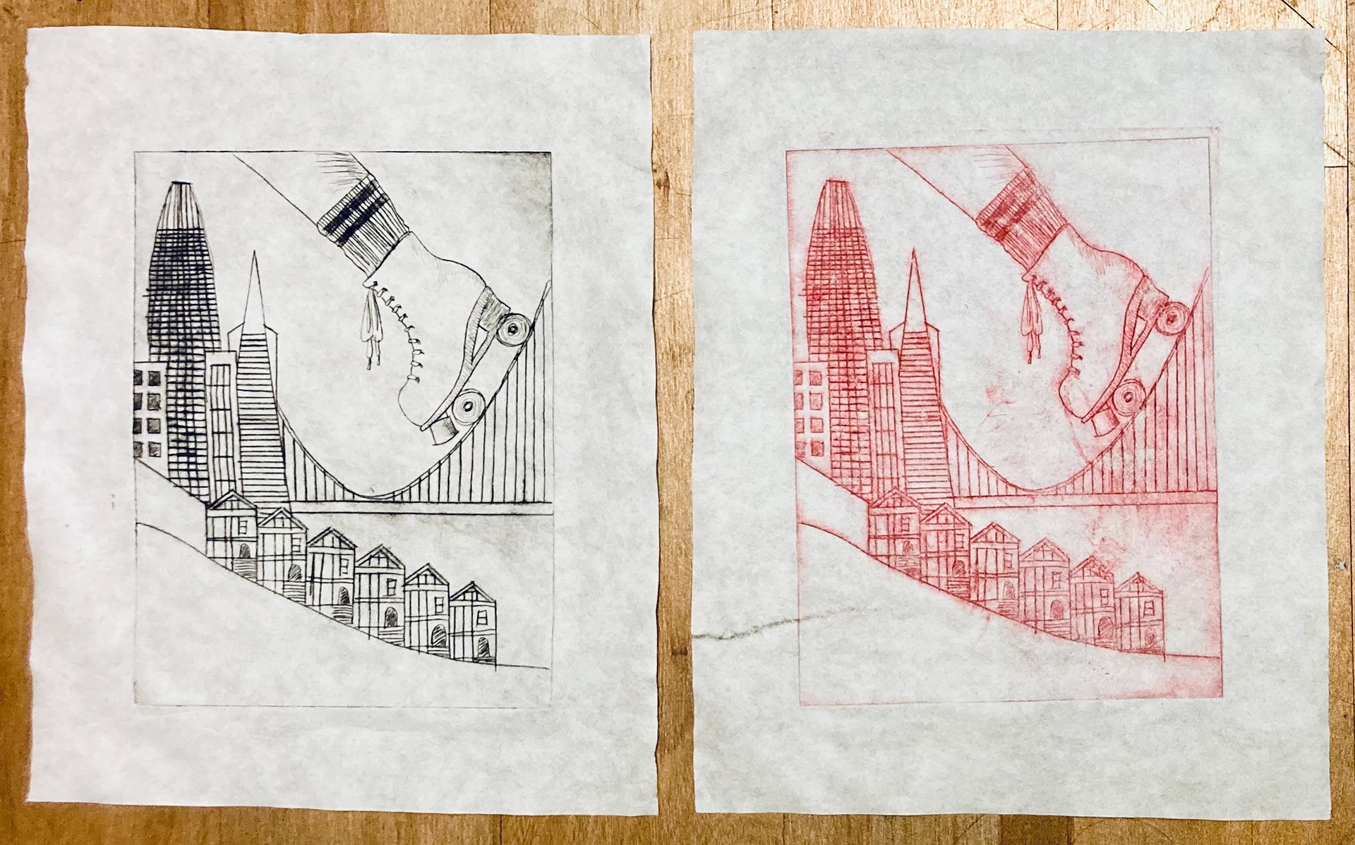 Golden Skate drypoint etching