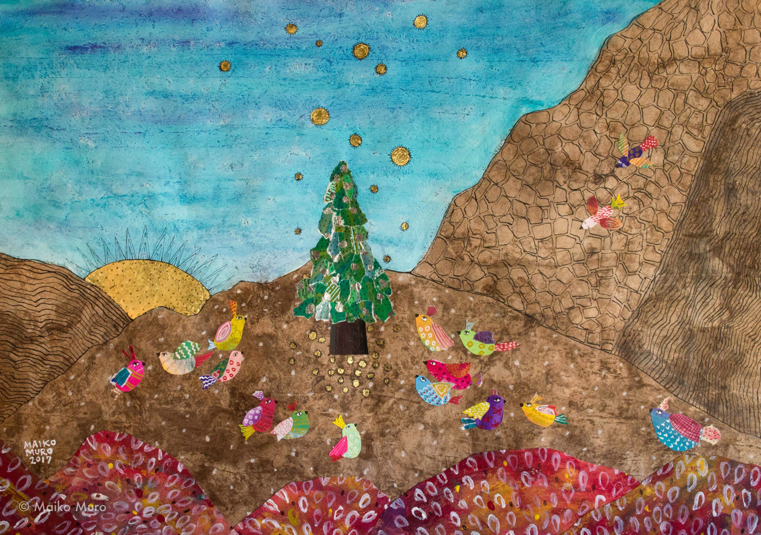 星々の谷 / アマテ紙にアクリル、インク、グラファイト、金箔、コラージュ/ 40 x 60 cm / 2017 valle de las estrellas / acrylic, ink, graphite and gold leaf on amate paper, collage / 40 x 60 cm / 2017