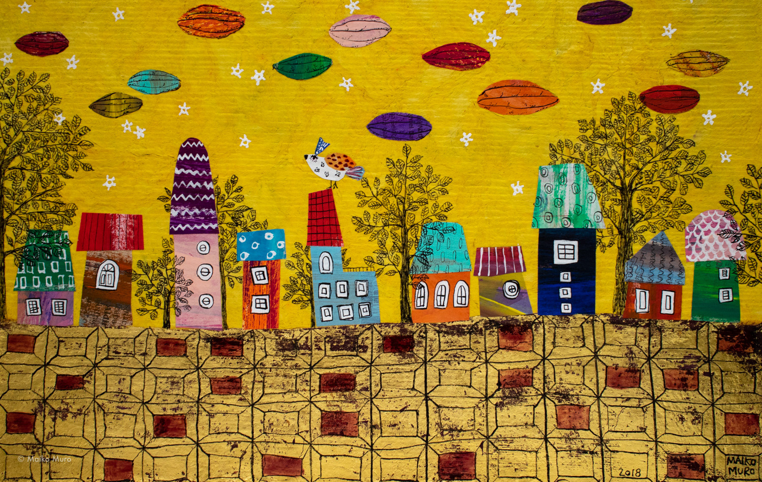 チョコレートシティー / アマテ紙にアクリル、インク、金箔、コラージュ / 29.5 x 19.5 cm / 2018 chocolate city / acrylic, ink and gold leaf on amate paper, collage /29.5 x 19.5 cm / 2018