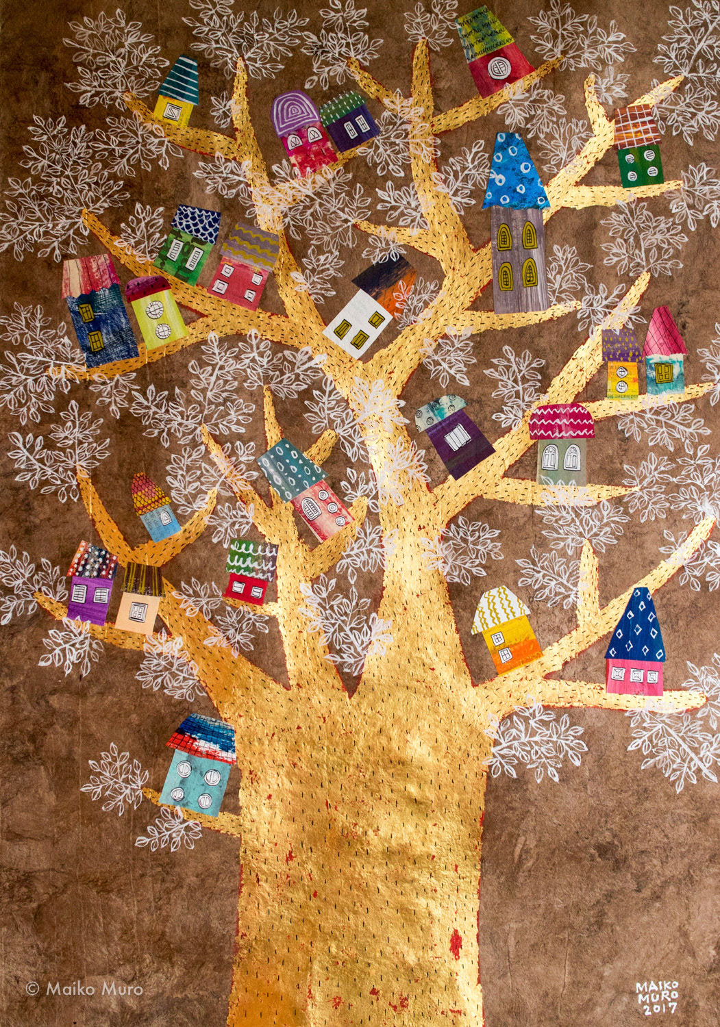 住宅街 VI / アマテ紙にアクリル、インク、金箔、コラージュ / 60 x 40 cm / 2017 zona residencial VI / acrylic, ink and gold leaf on amate paper, collage / 60 x 40 cm / 2017