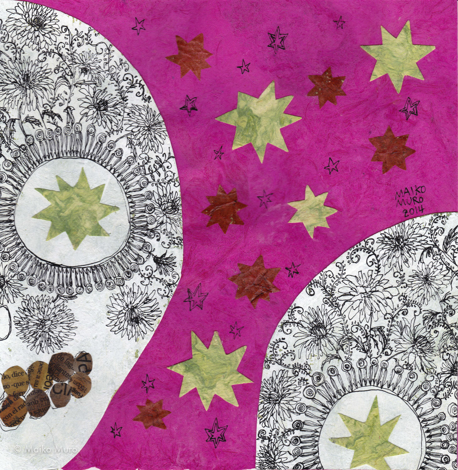 星とガイコツ （アマテ紙にアクリル、インク、コラージュ/ 20x20 cm / 2014) las estrellas y las calaveras (aclyric and ink on amate paper, collage / 20x20 cm / 2014)