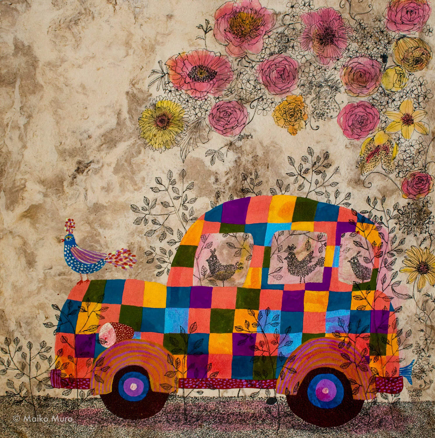 Driving to the memories （アマテ紙にアクリル、インク / 40x40 cm / 2011) Driving to the memories (aclyric and ink on amate paper / 40x40 cm / 2011)