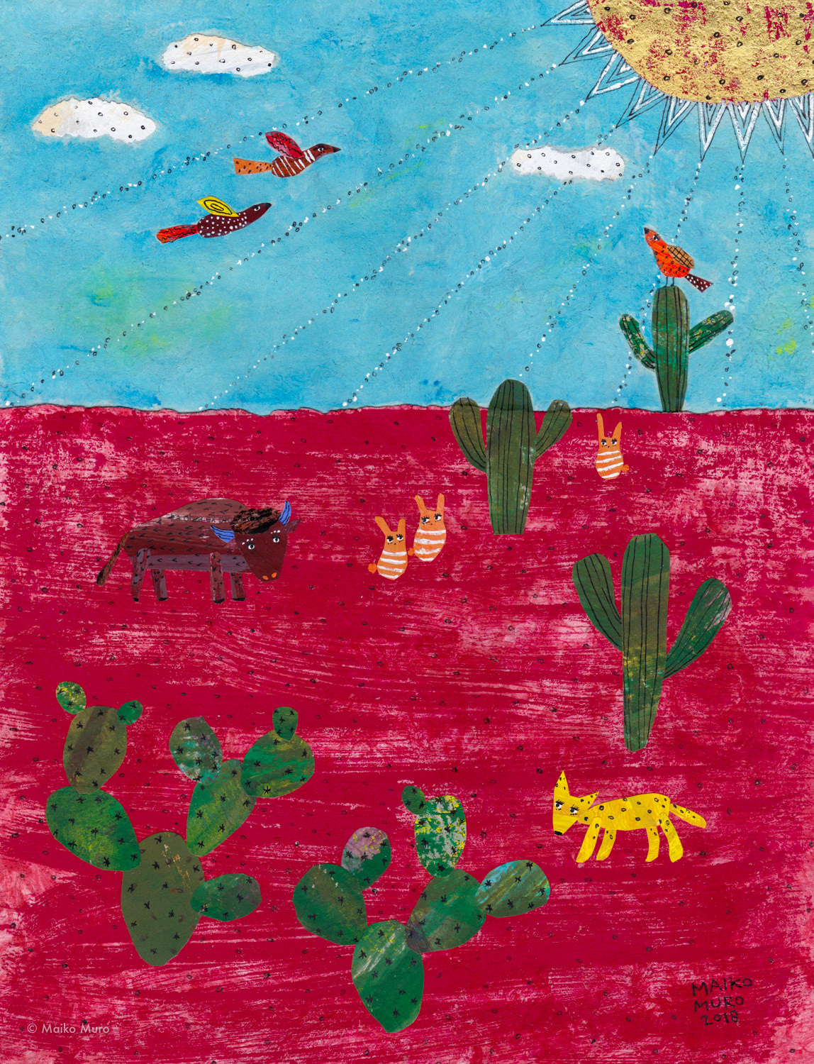 赤い大地 / アマテ紙にアクリル、インク、金箔、コラージュ / 28 x 21.5 cm / 2018 la tierra roja / acrylic, ink and gold leaf on amate paper, collage / 28 x 21.5 cm / 2018