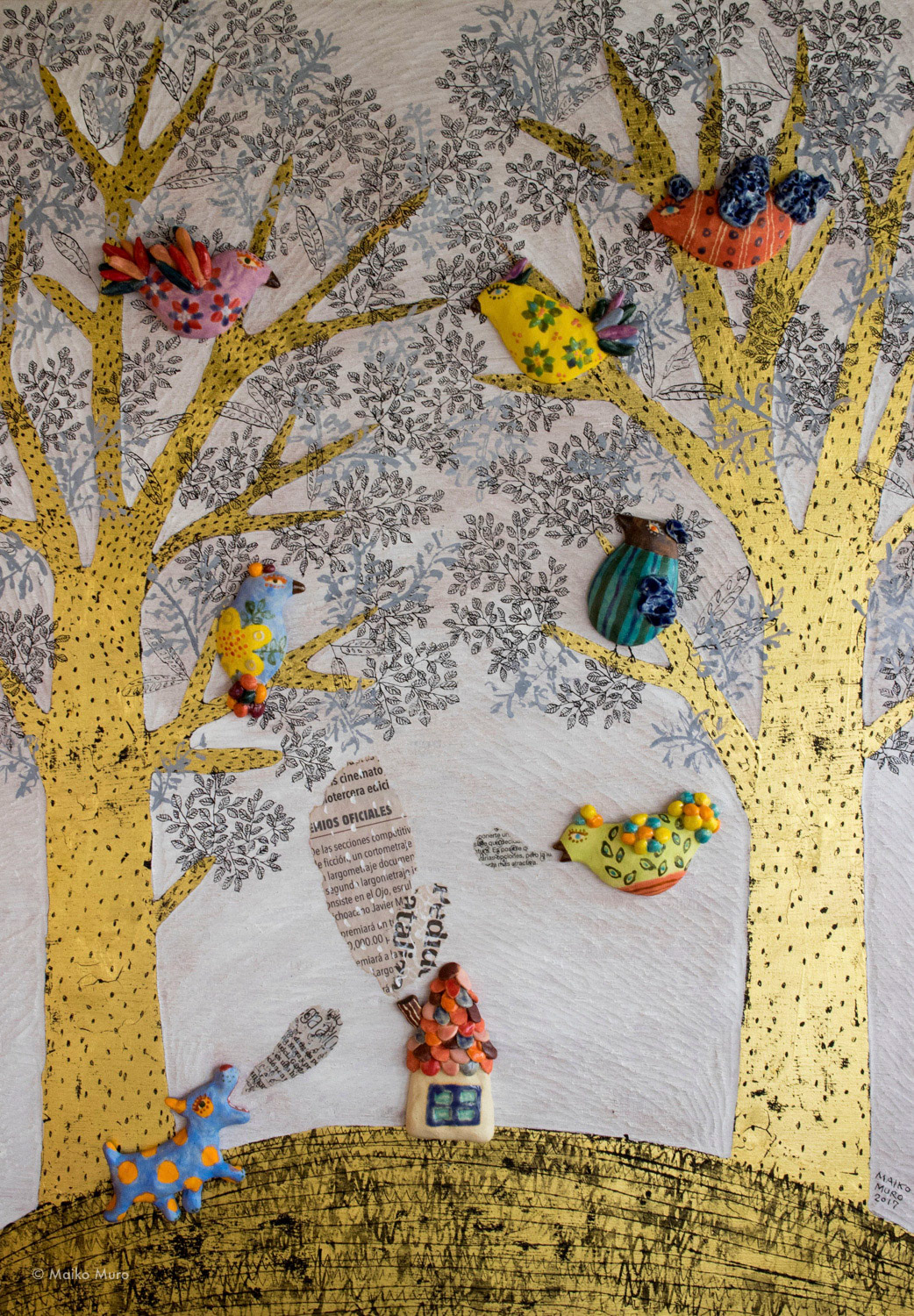 conversación / 陶、金箔、アクリル、紙、インク、木パネル / 59.4 x 42 x 3 cm / 2017 conversación / ceramic, gold leaf, ink, acrylic and paper on wooden panel / 59.4 x 42 x 3 cm / 2017