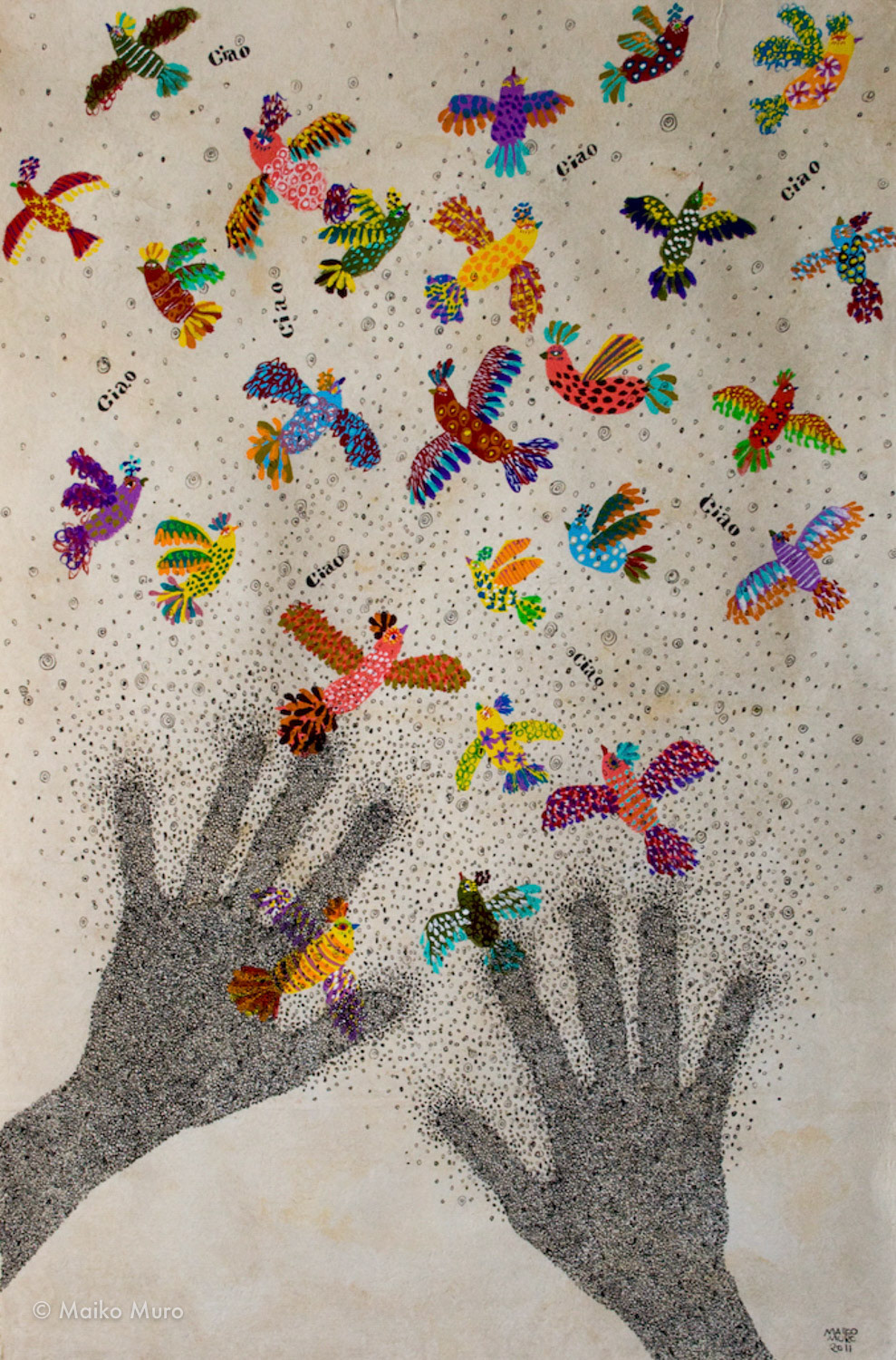 ciao （アマテ紙にアクリル、インク / 40x60 cm / 2011） ciao (acrylic and ink on amate paper / 40x60 cm / 2011)