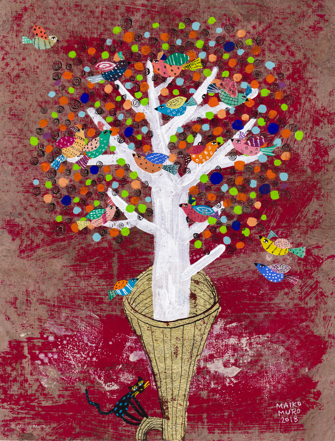 ラッパ / アマテ紙にアクリル、インク、金箔、コラージュ / 28 x 21.5 cm / 2018 una trompeta / acrylic, ink and gold leaf on amate paper, collage / 28 x 21.5 cm / 2018