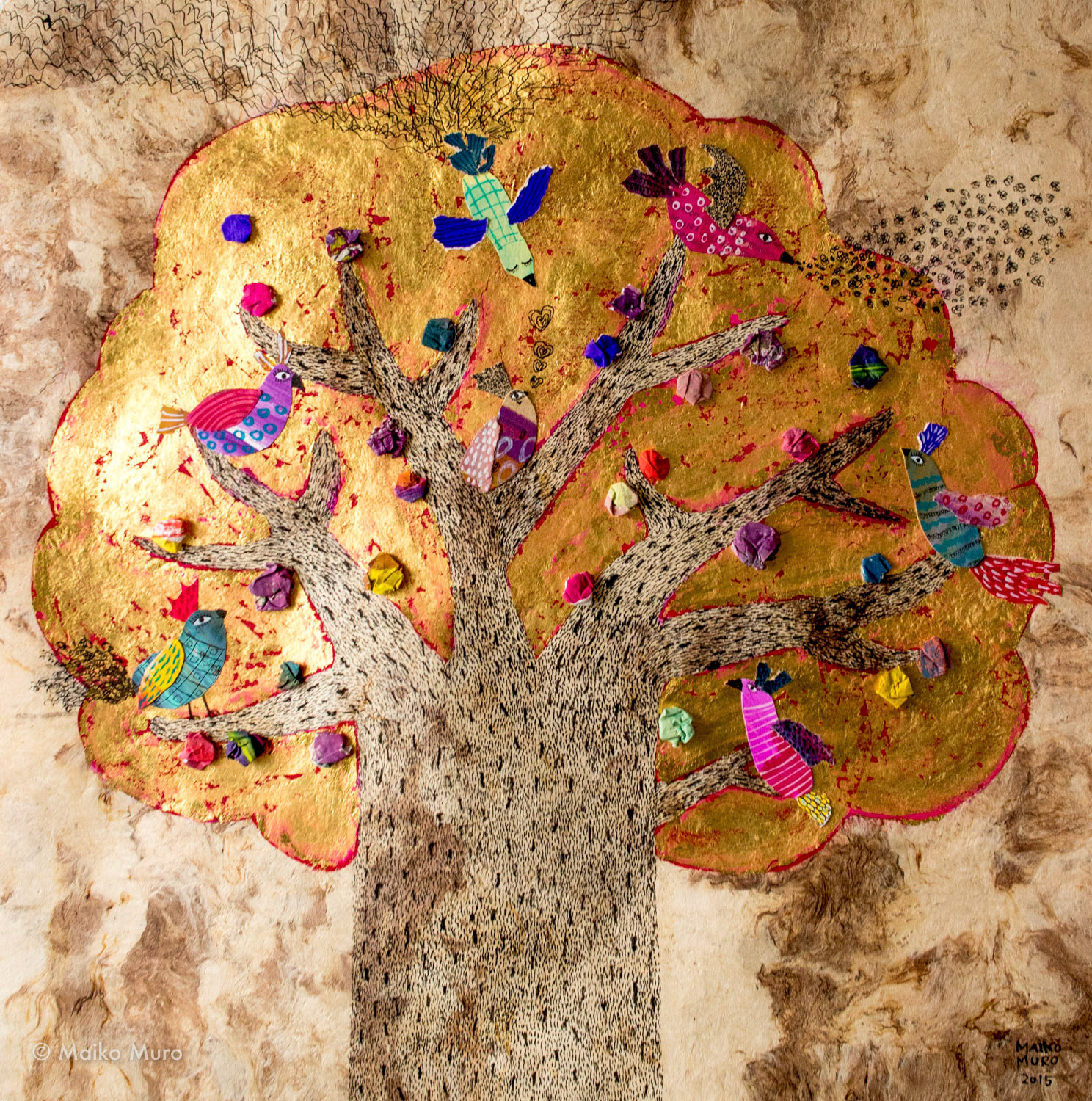 金色の夢の樹 / アマテ紙にアクリル、インク、金箔、コラージュ / 40 x 40 cm / 2015 the golden dream tree / acrylic, ink and gold leaf on amate paper, collage / 40 x 40 cm / 2015