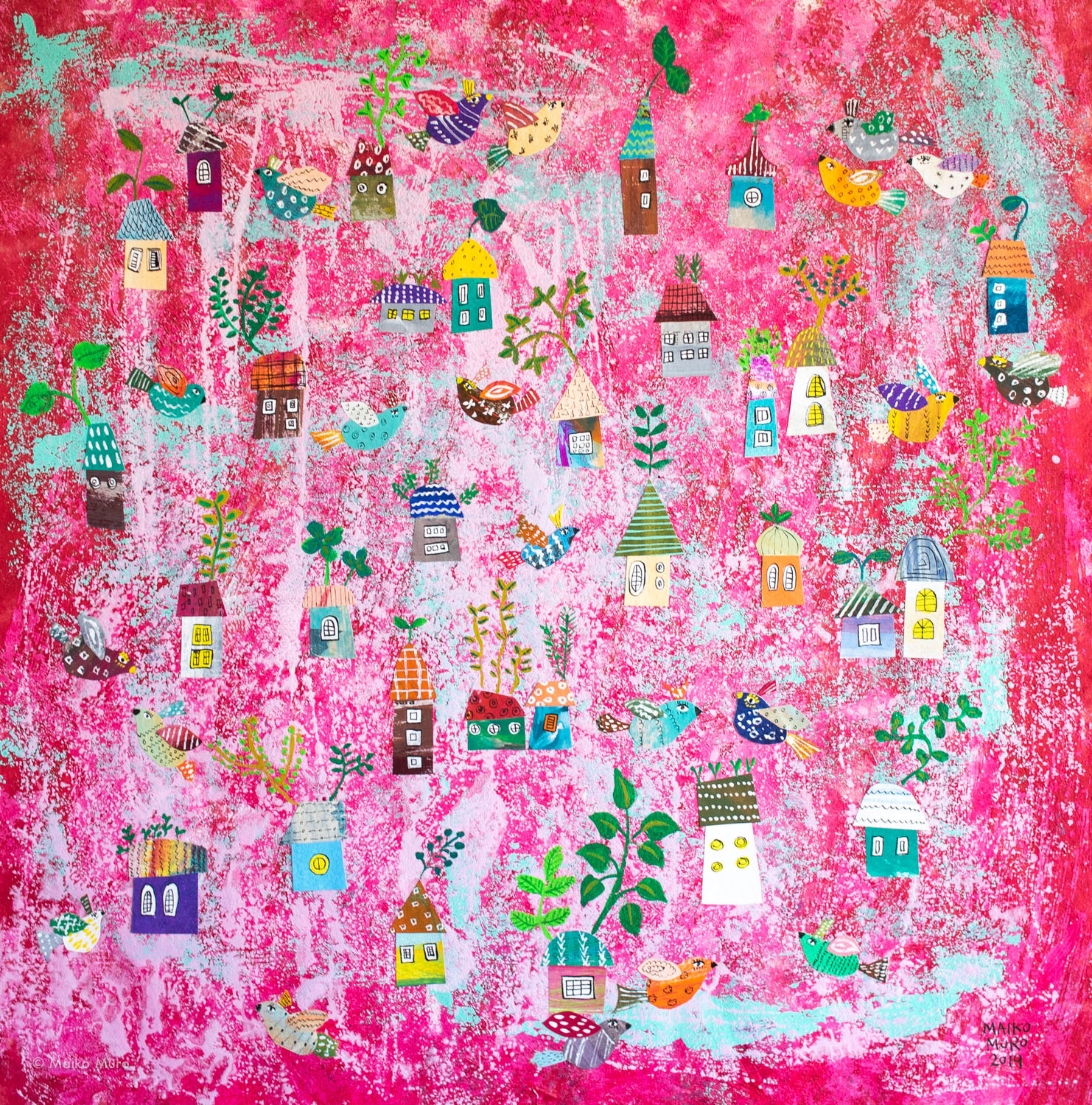 ニュータウン / アマテ紙にアクリル、インク、コラージュ / 39.8 x 39.2 cm / 2019 a new town / acrylic and ink on amate paper, collage / 39.8 x 39.2 cm / 2019