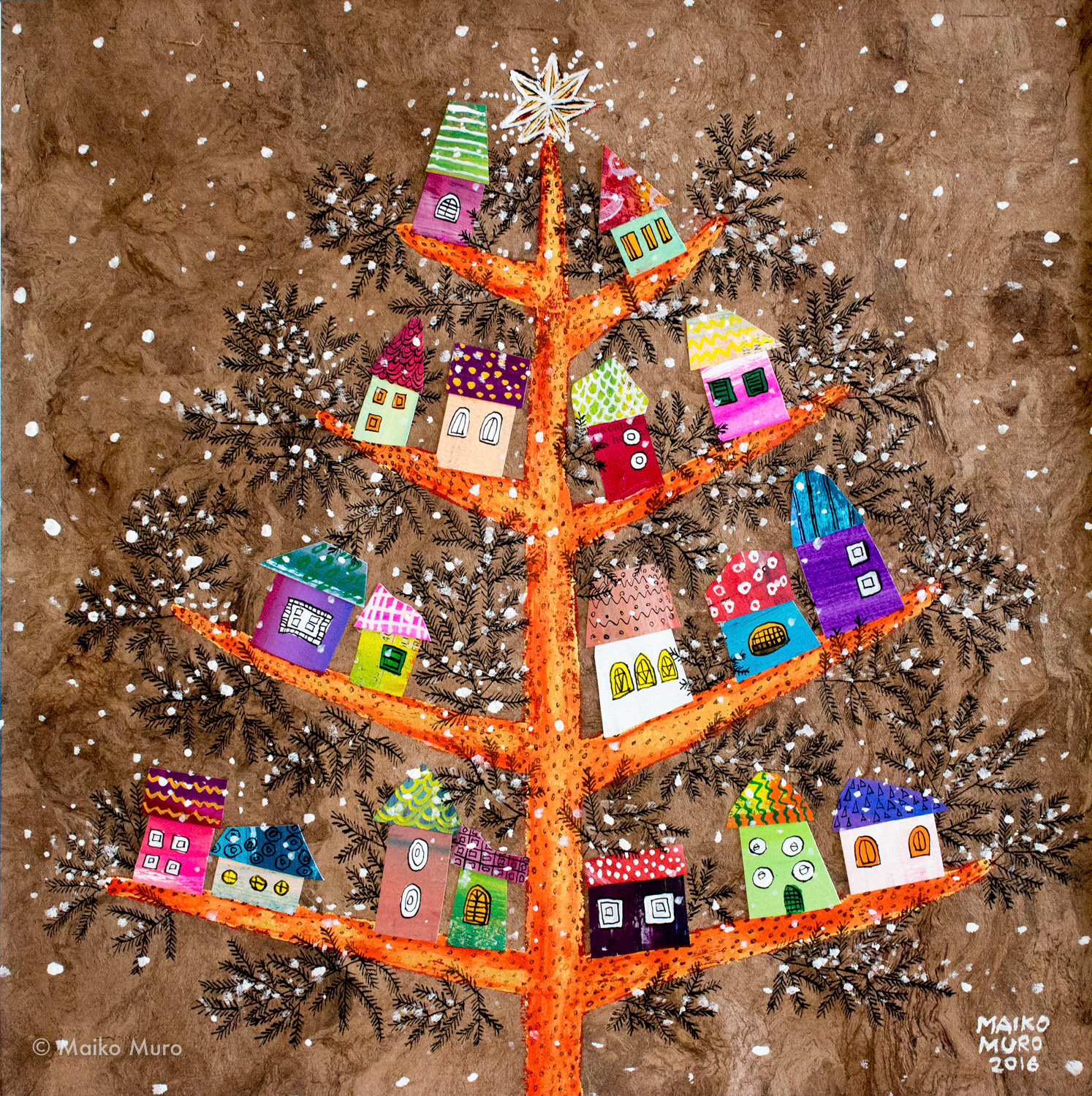 雪の住宅街 / アマテ紙にアクリル、インク、金箔、コラージュ / 28.5 x 28.5 cm / 2016 zona residencial con nieve / acrylic, ink and gold leaf on amate paper, collage / 28.5 x 28.5 cm / 2016